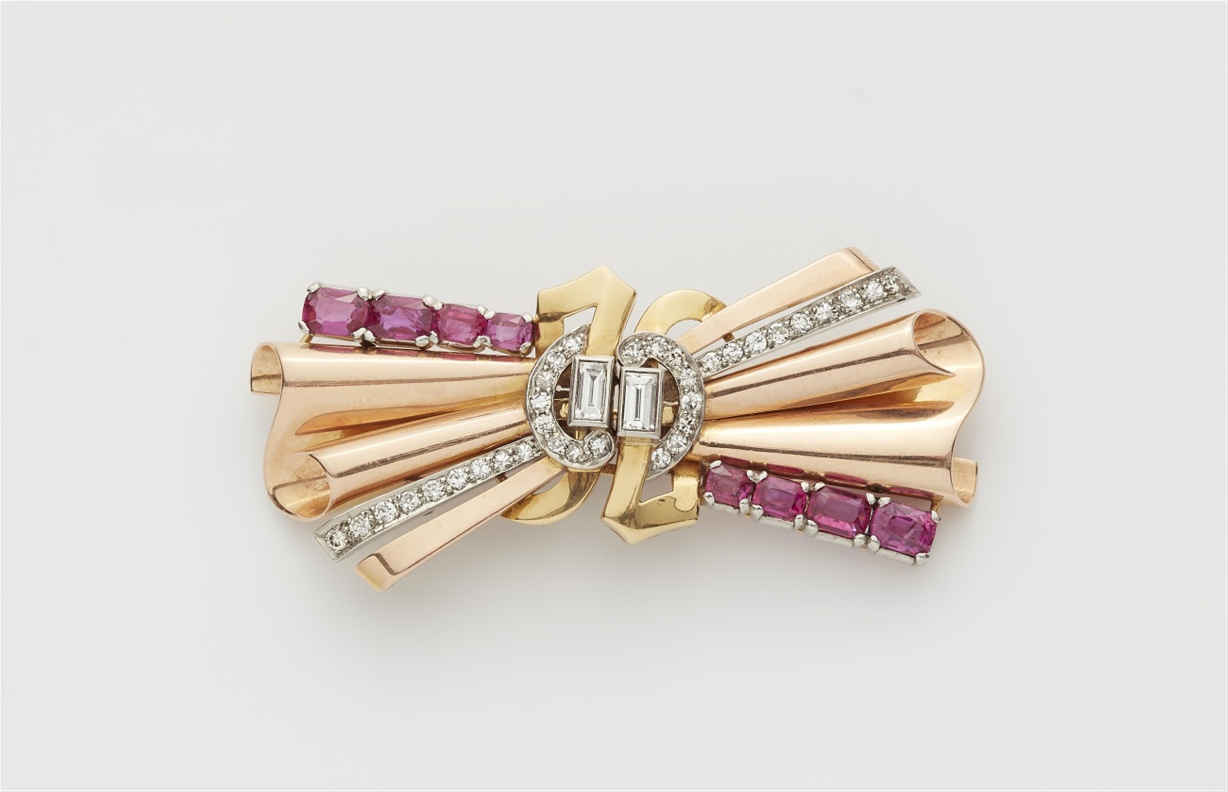 A 14k tri-colour gold ruby double clip brooch - image-1