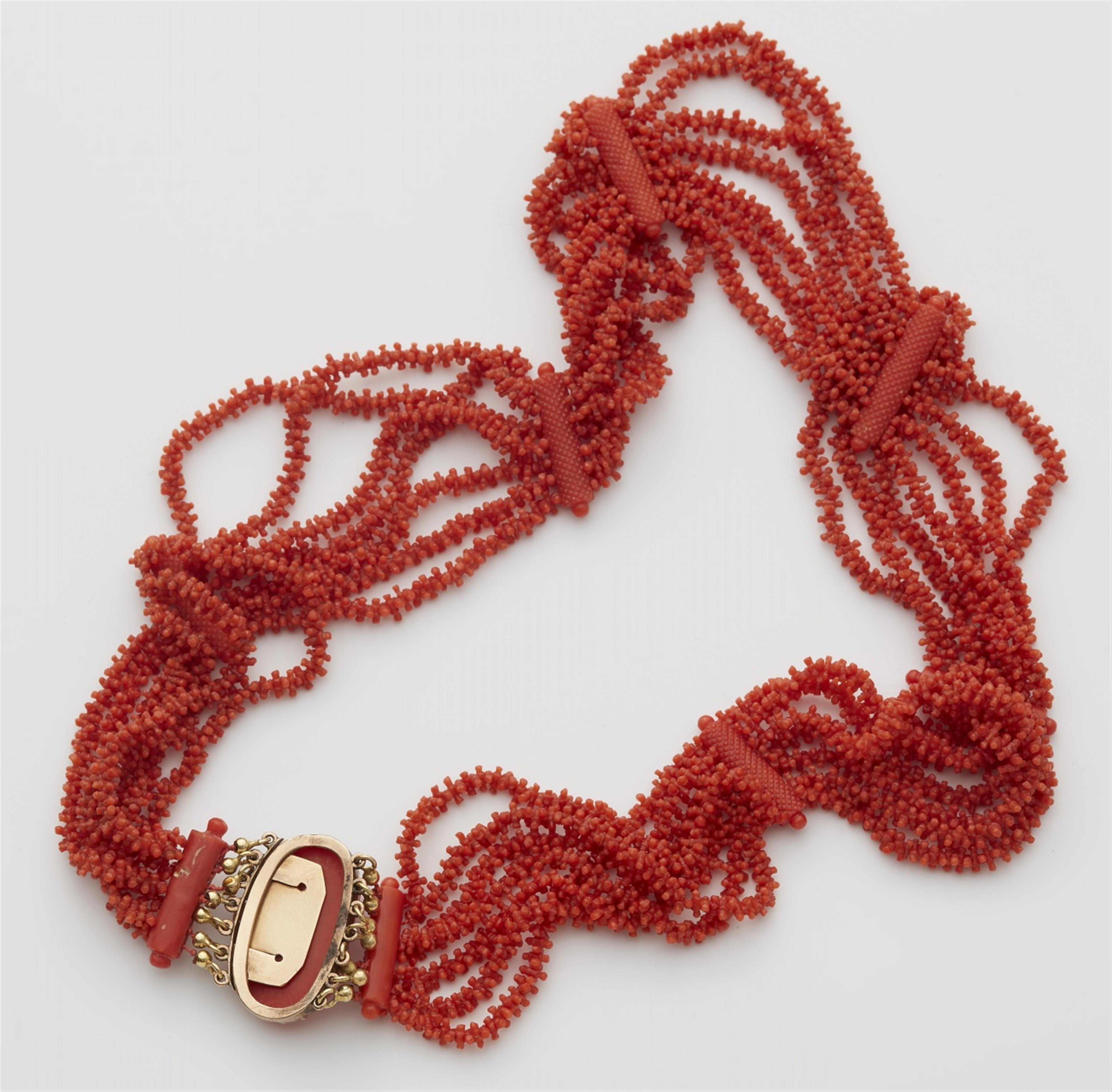 A 14k red gold coral necklace with a shell cameo clasp - image-2