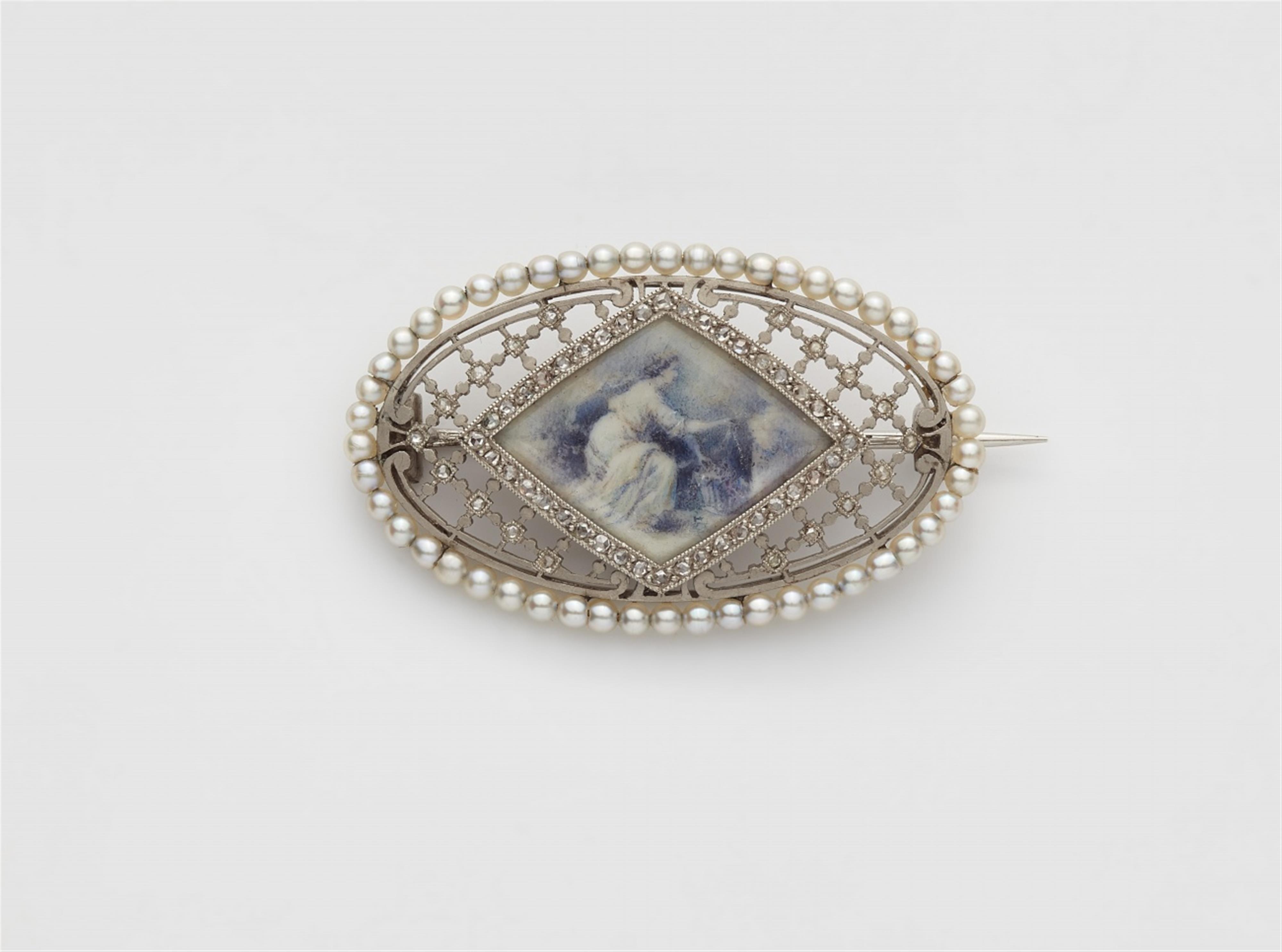 A Belle Epoque platinum brooch with a gouache on ivory miniature - image-1