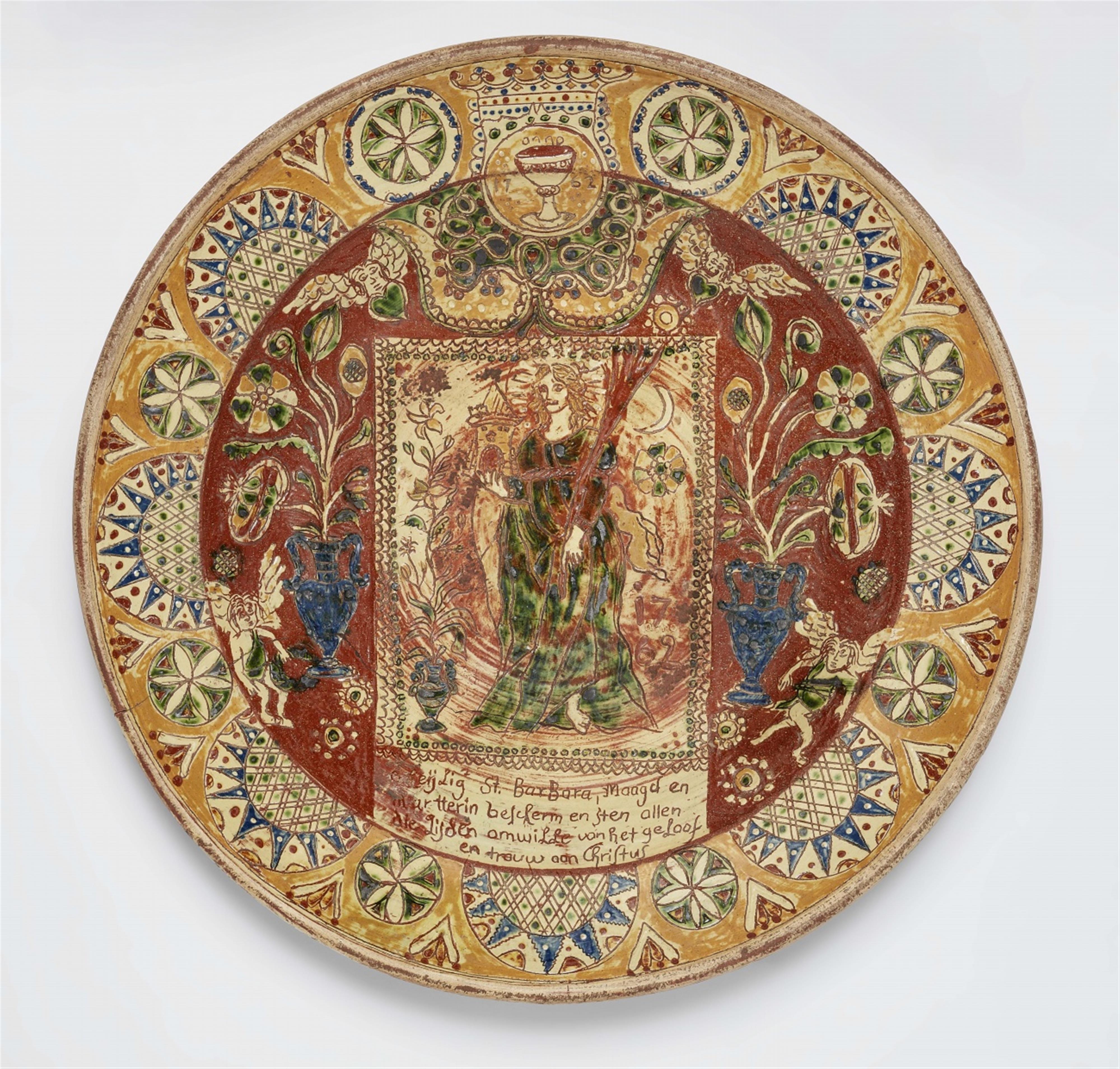 A large Lower Rhenish earthenware dish with Saint Barbara - image-1