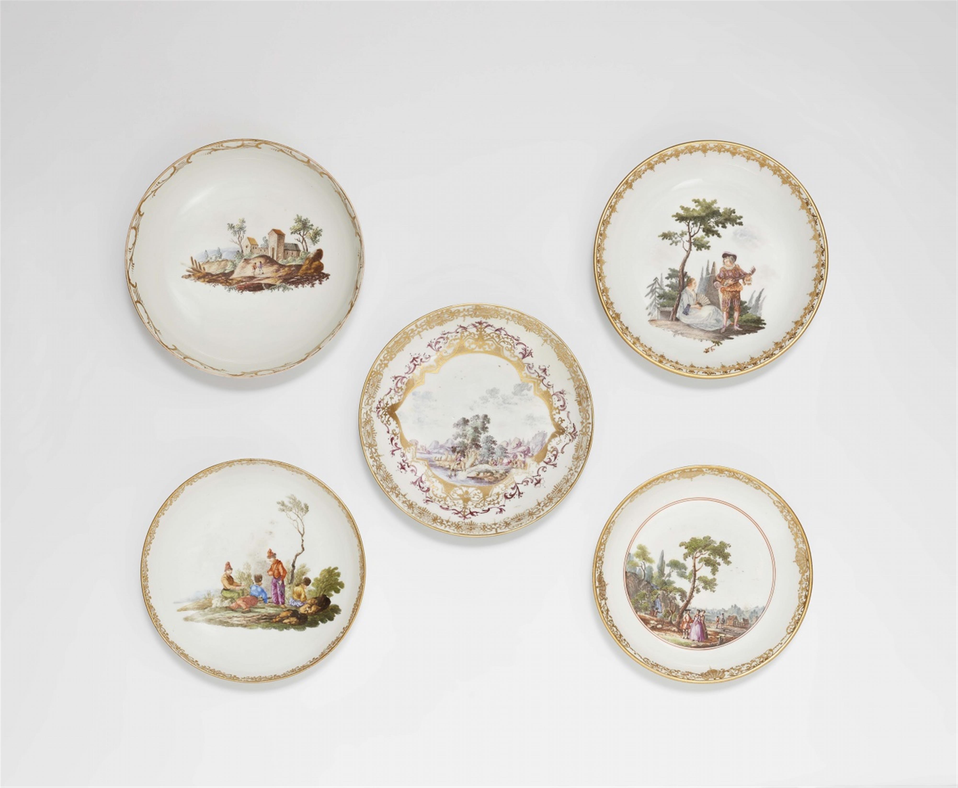 An assorted lot of five porcelain saucers with landscapes - image-1