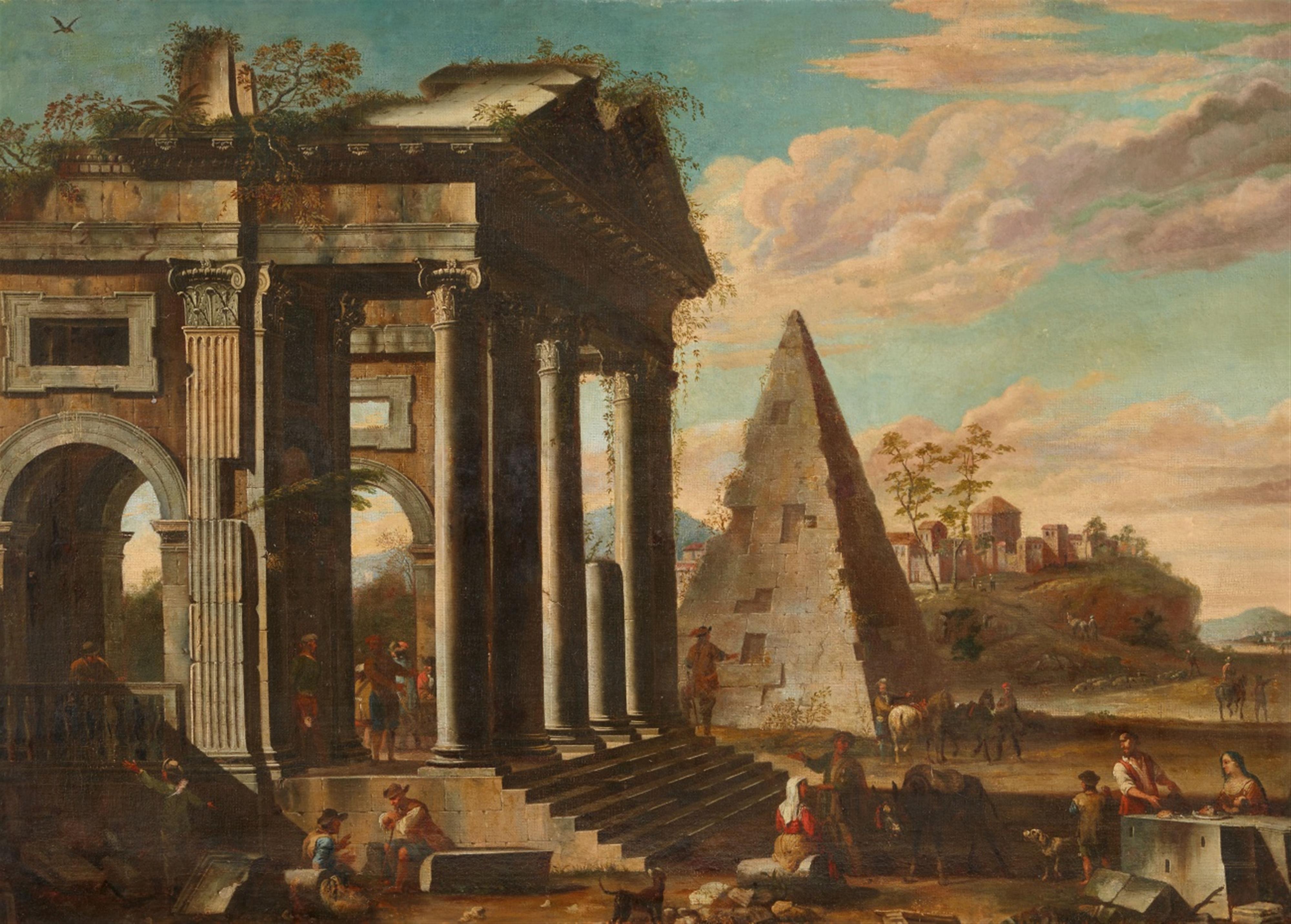 North Italian School late 17th century - Capriccio with Ancient Ruins and the Pyramid of Cestius - image-1