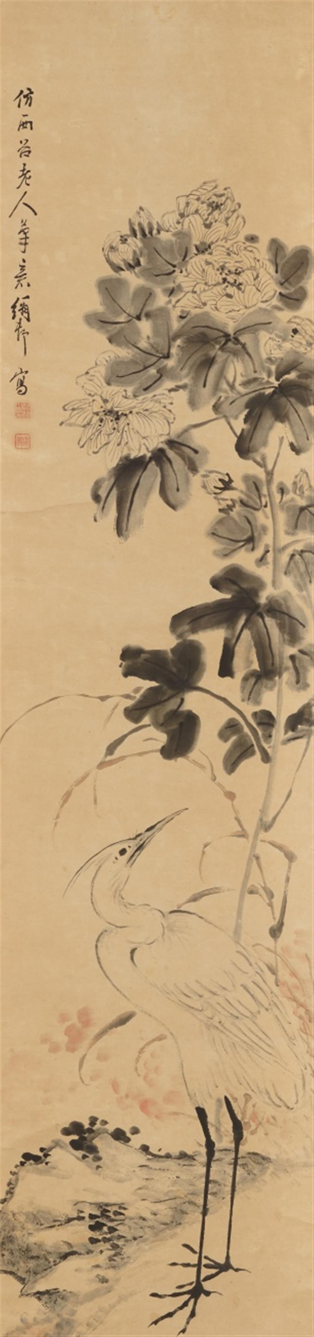 Meng Xiucun . 19th century - A crane. Hanging scroll. Ink and colour on paper. Inscription, signed Xiu Cun, sealed ....zhi yin and Xiu Cun. - image-1