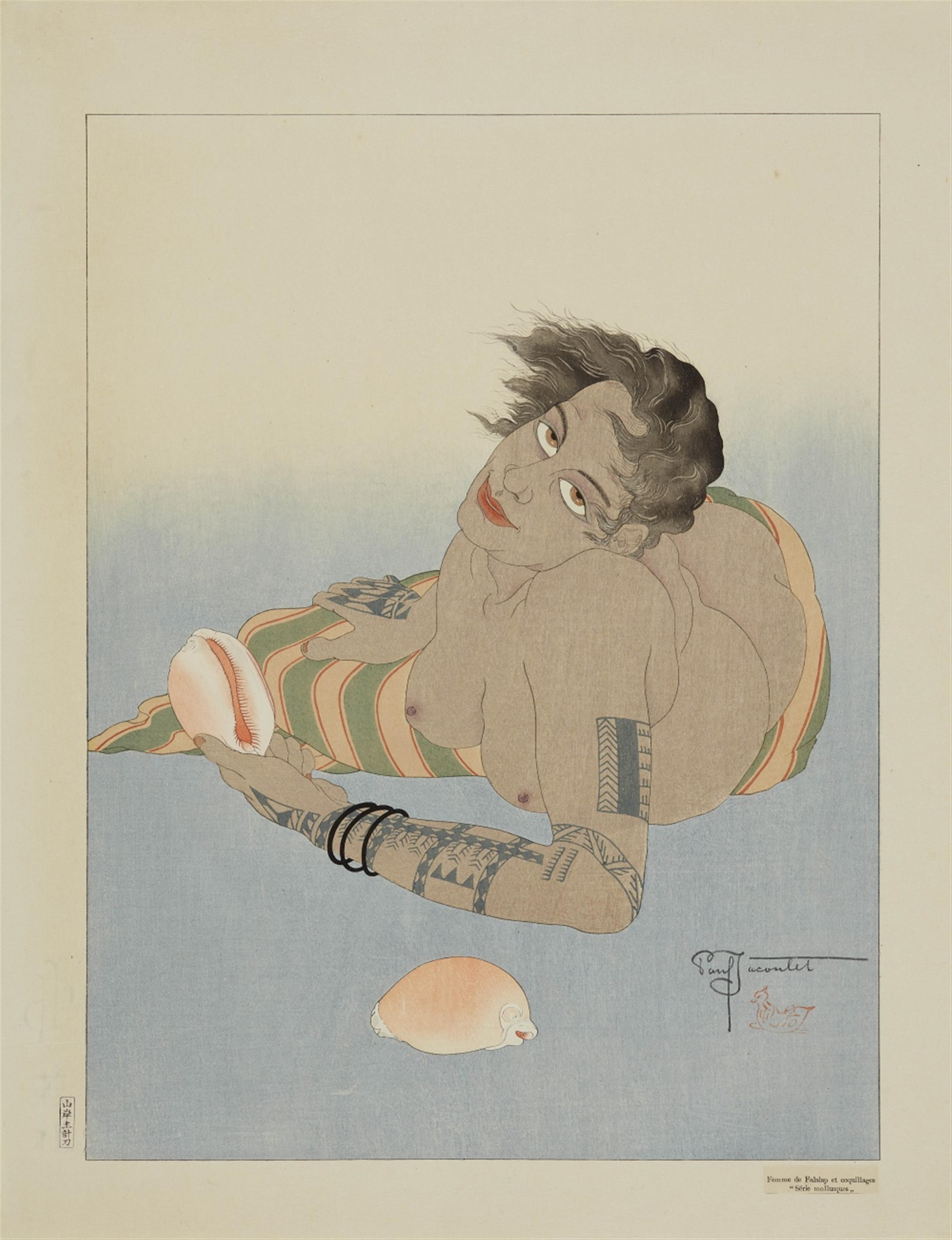 Paul Jacoulet - Femme de Falalap et coquillages. Reclining tattooed woman with shells. - image-1