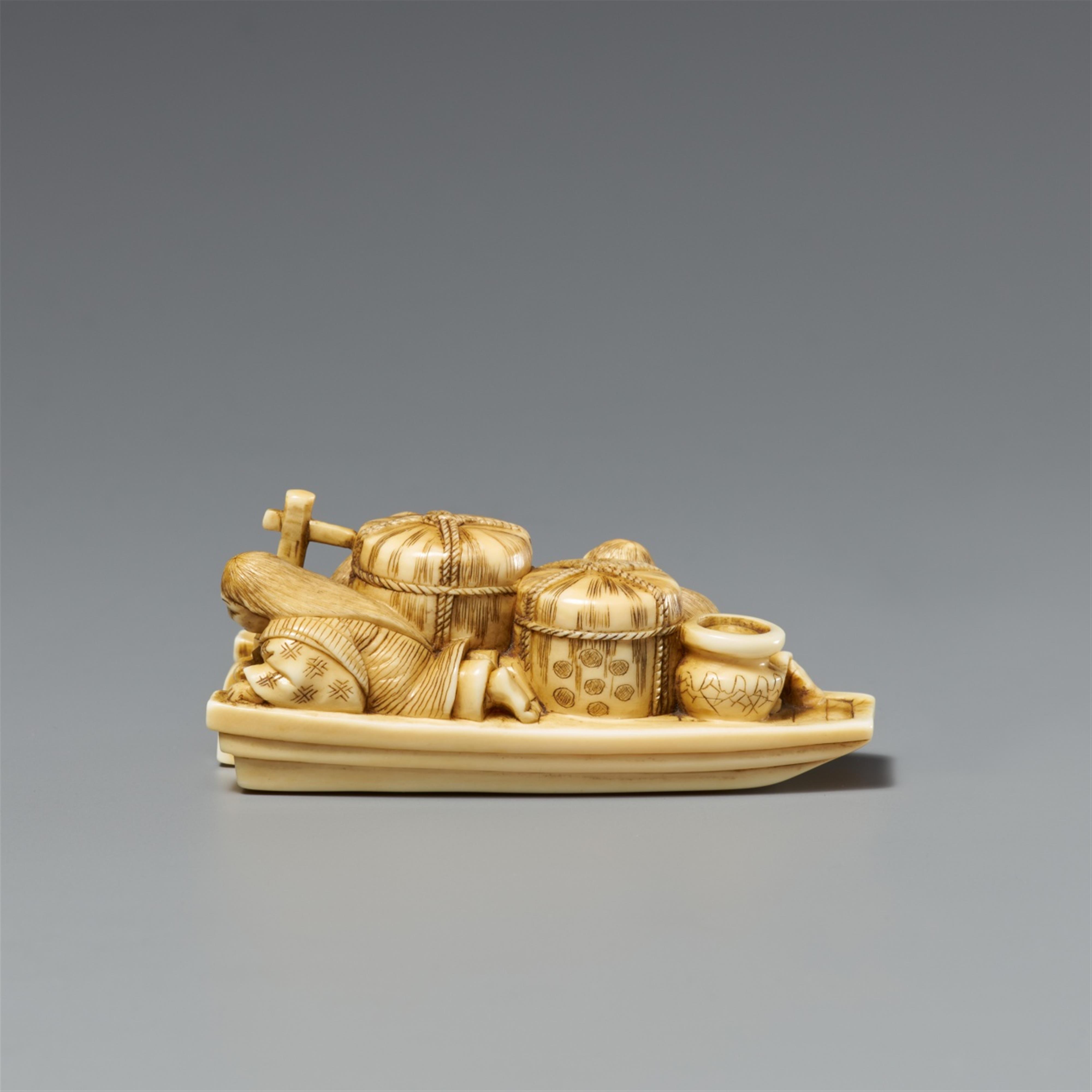 An ivory netsuke of three shojo in a boat. Late 19th century - image-2