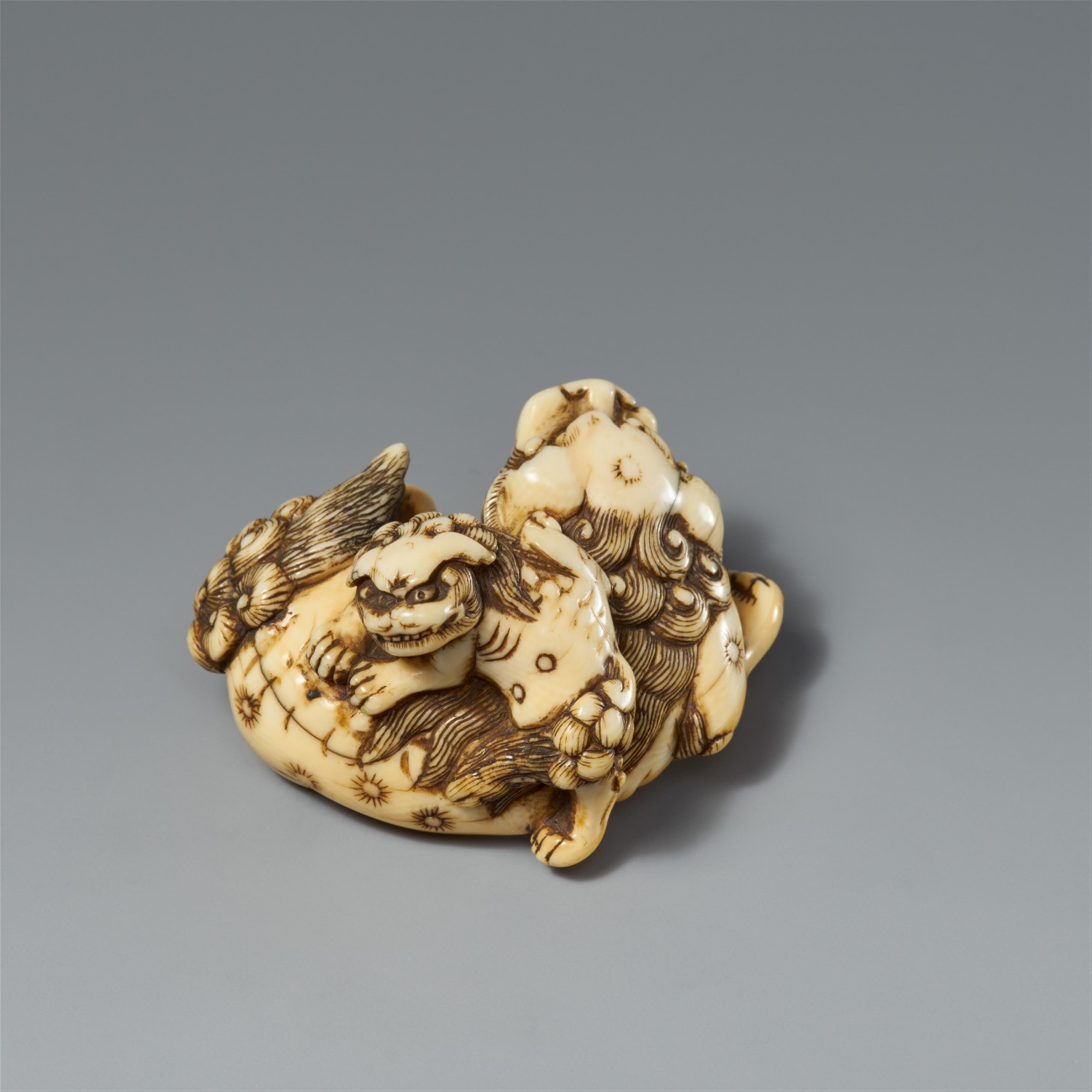 An ivory netsuke of a shishi and a cub. Late 18th century - image-2