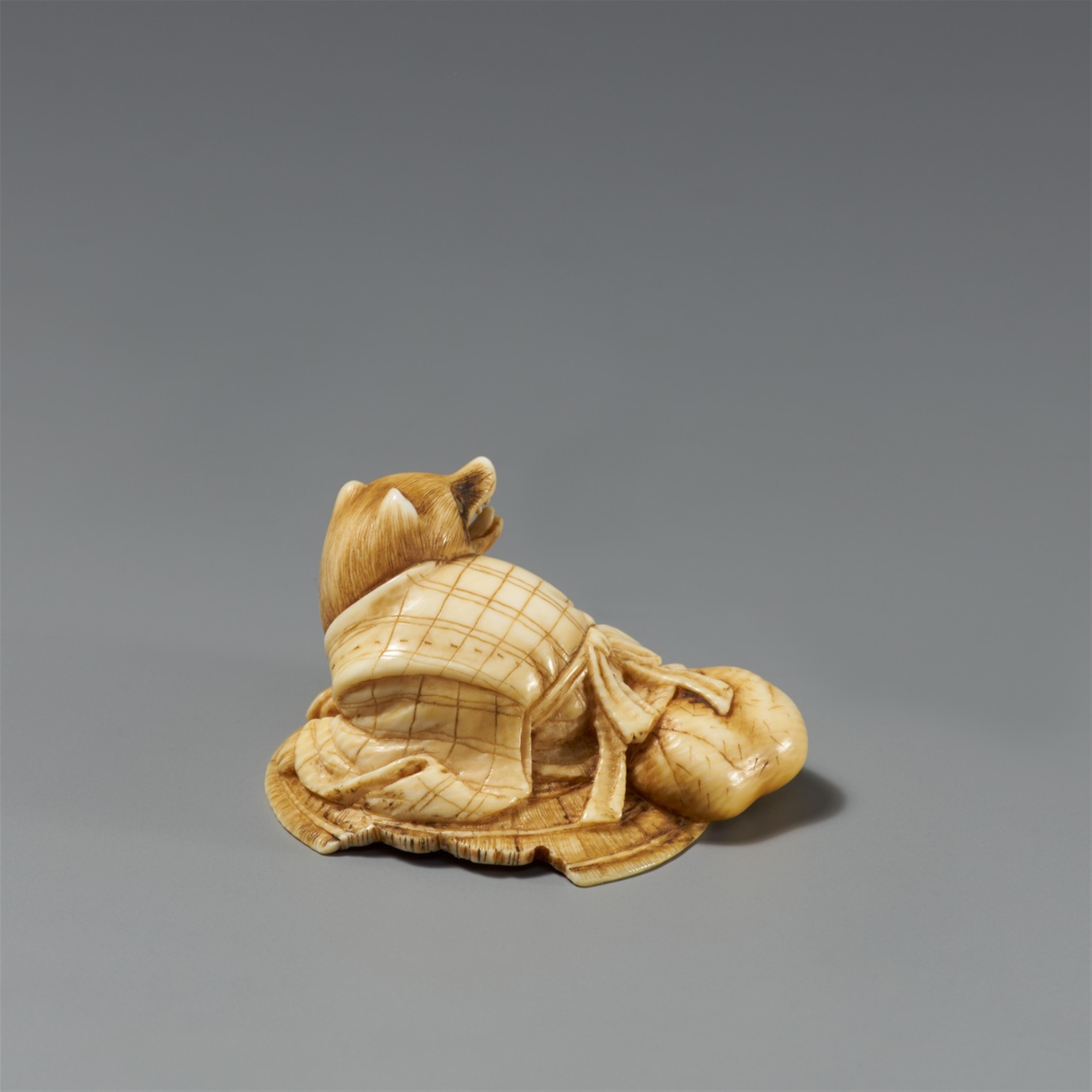 An ivory netsuke of a tanuki and a sedge hat. Second half 19th century - image-2