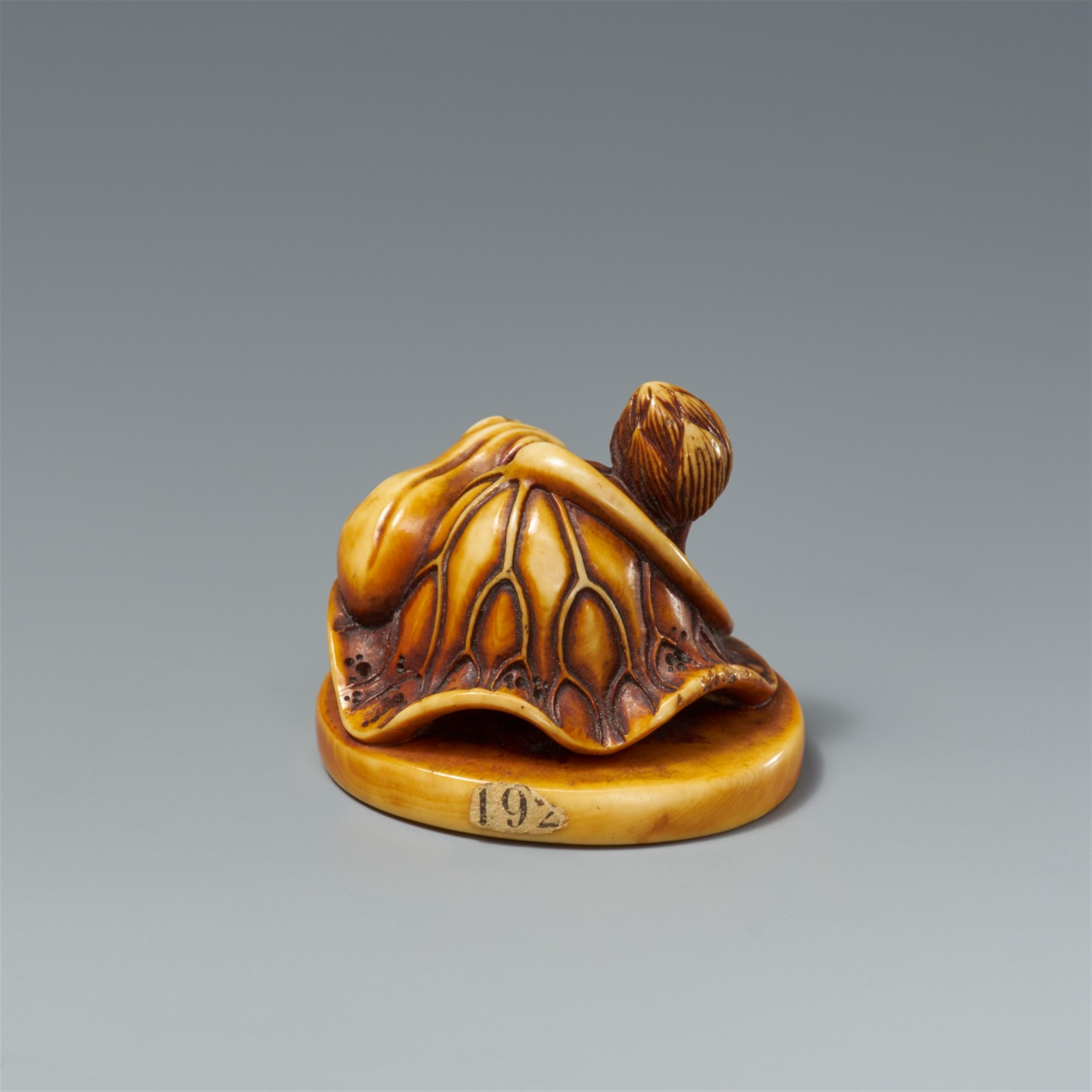 A stained ivory netsuke of a frog and a lotus leaf. Probably Rensai. 19th century - image-2