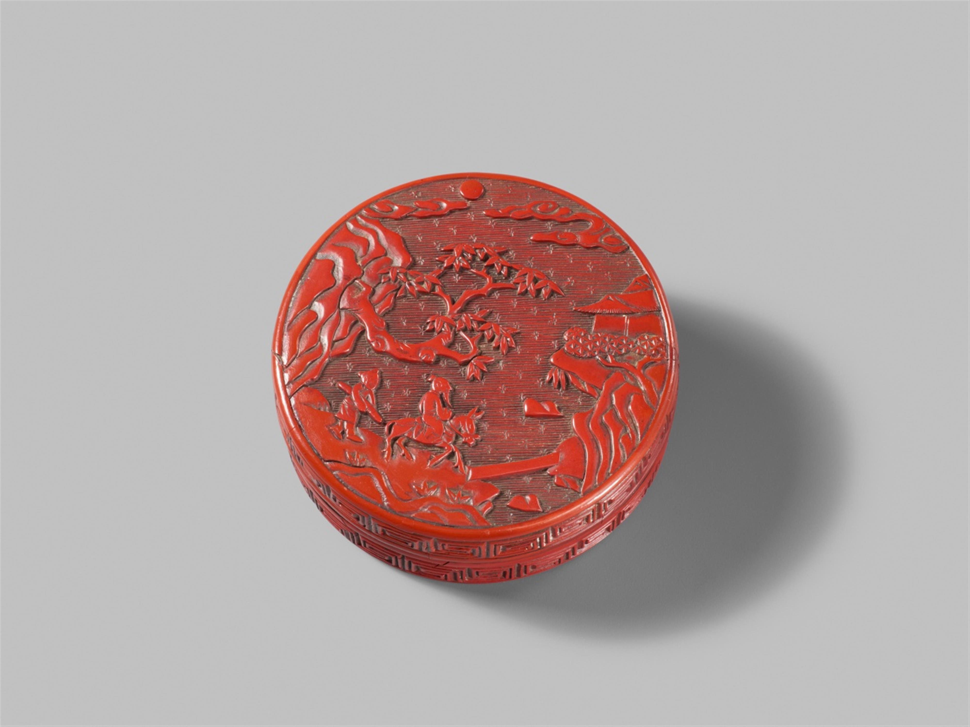 A small, round carved red lacquer box, probably for seal paste. 18th century - image-1