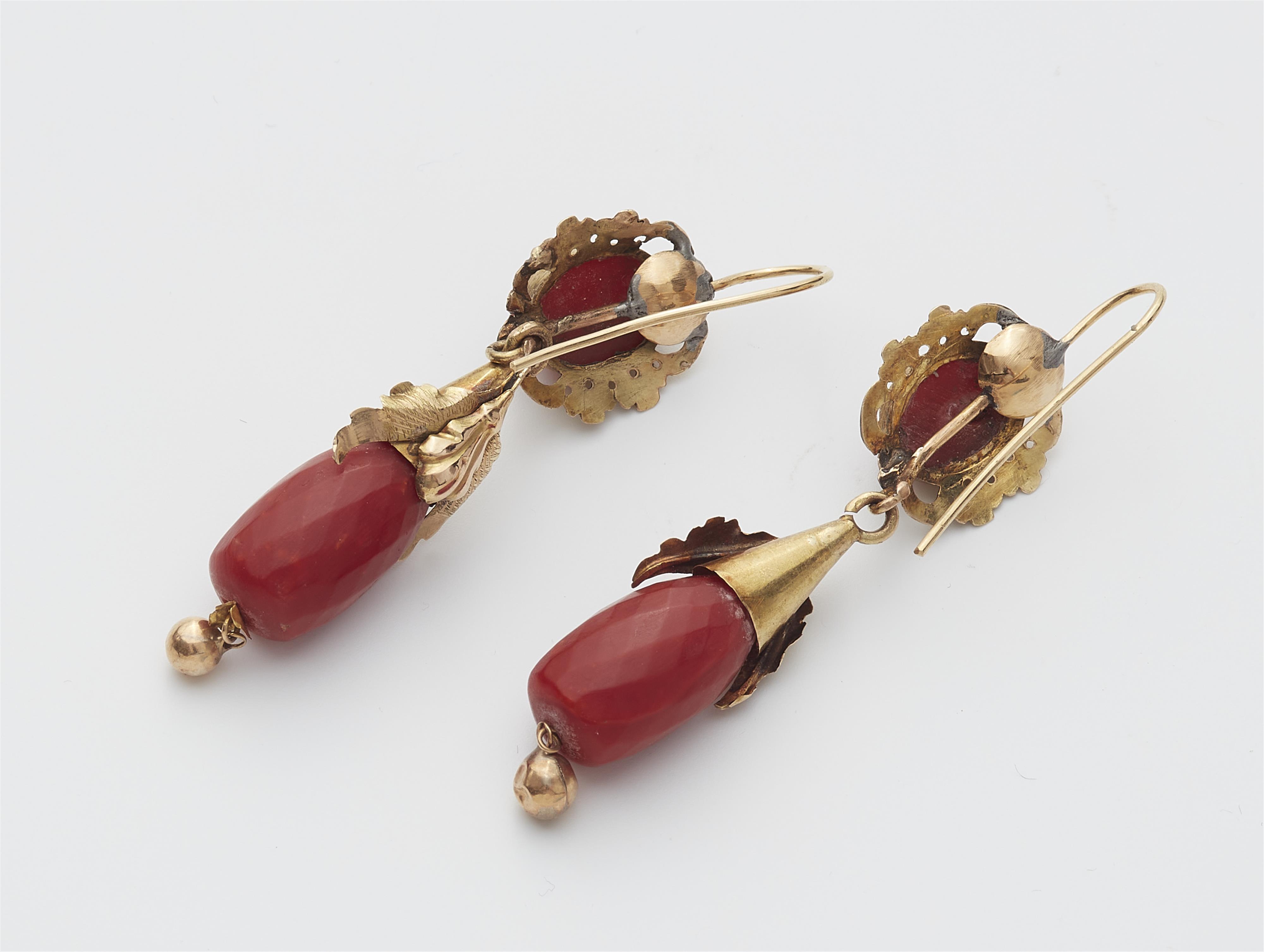 A pair of Italian 14 kt gold and red coral pendant earrings. - image-2