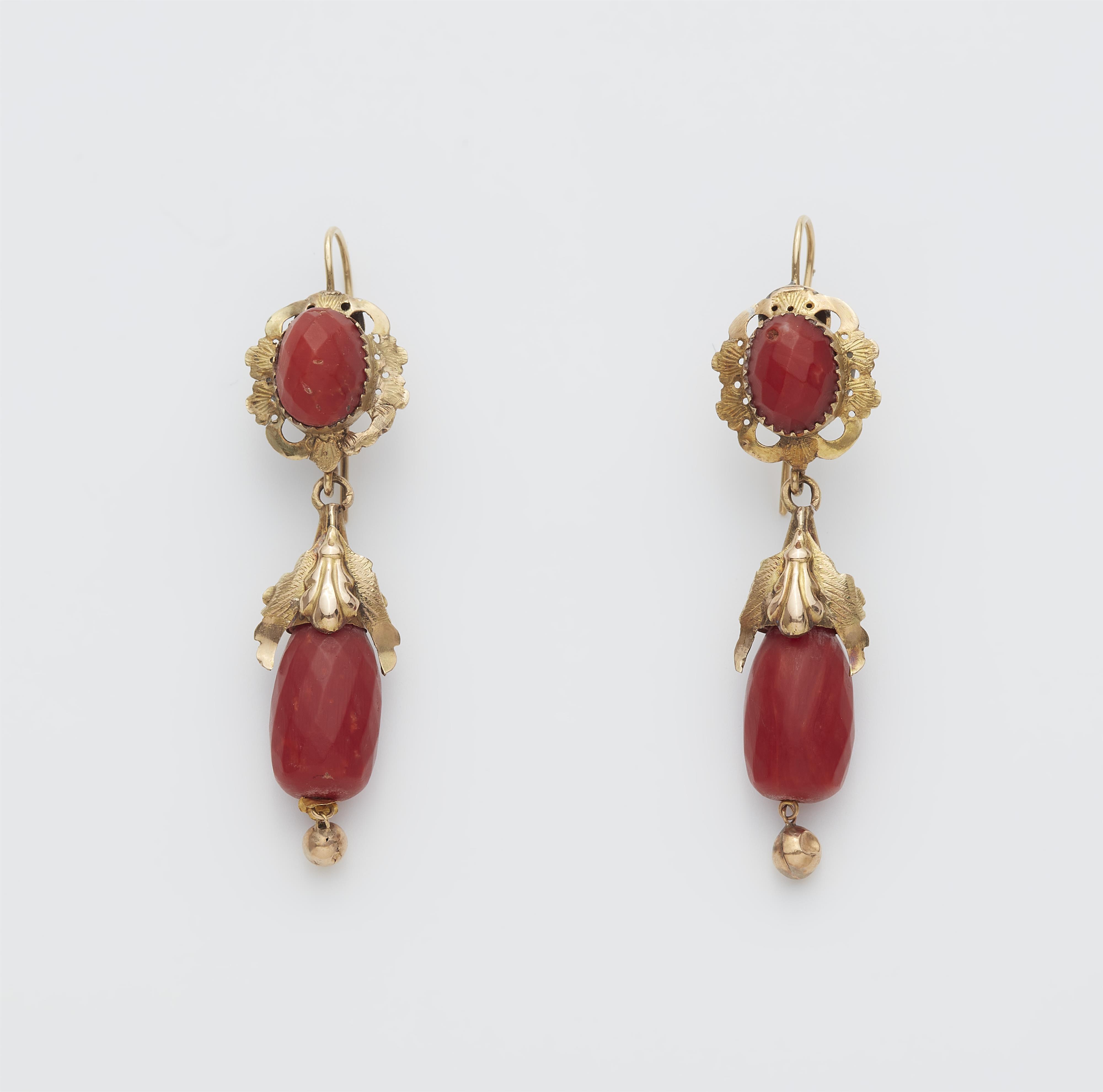 A pair of Italian 14 kt gold and red coral pendant earrings. - image-1