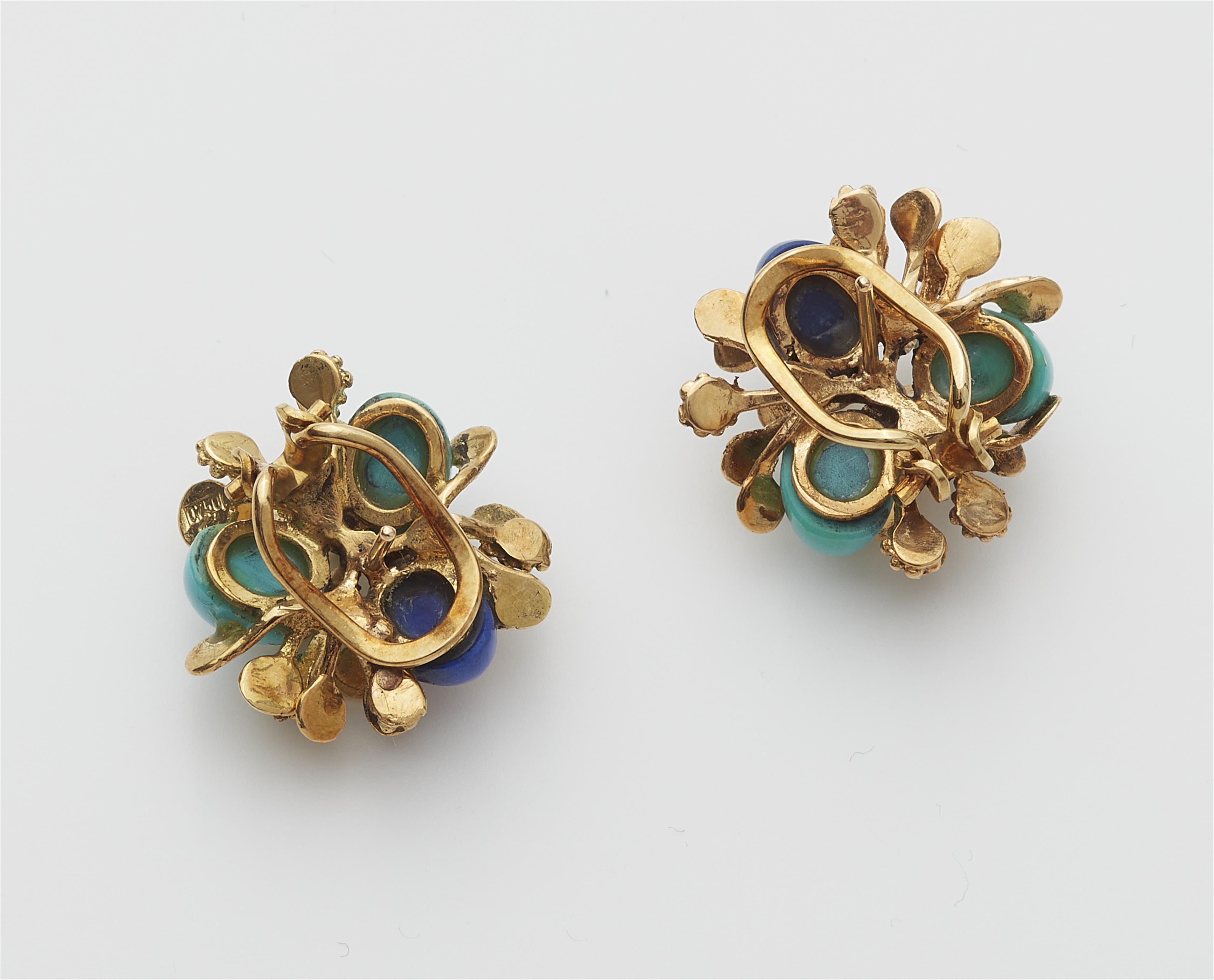 A pair of 18k gold granulation and turquoise and lapis lazuli composite clip earrings. - image-2