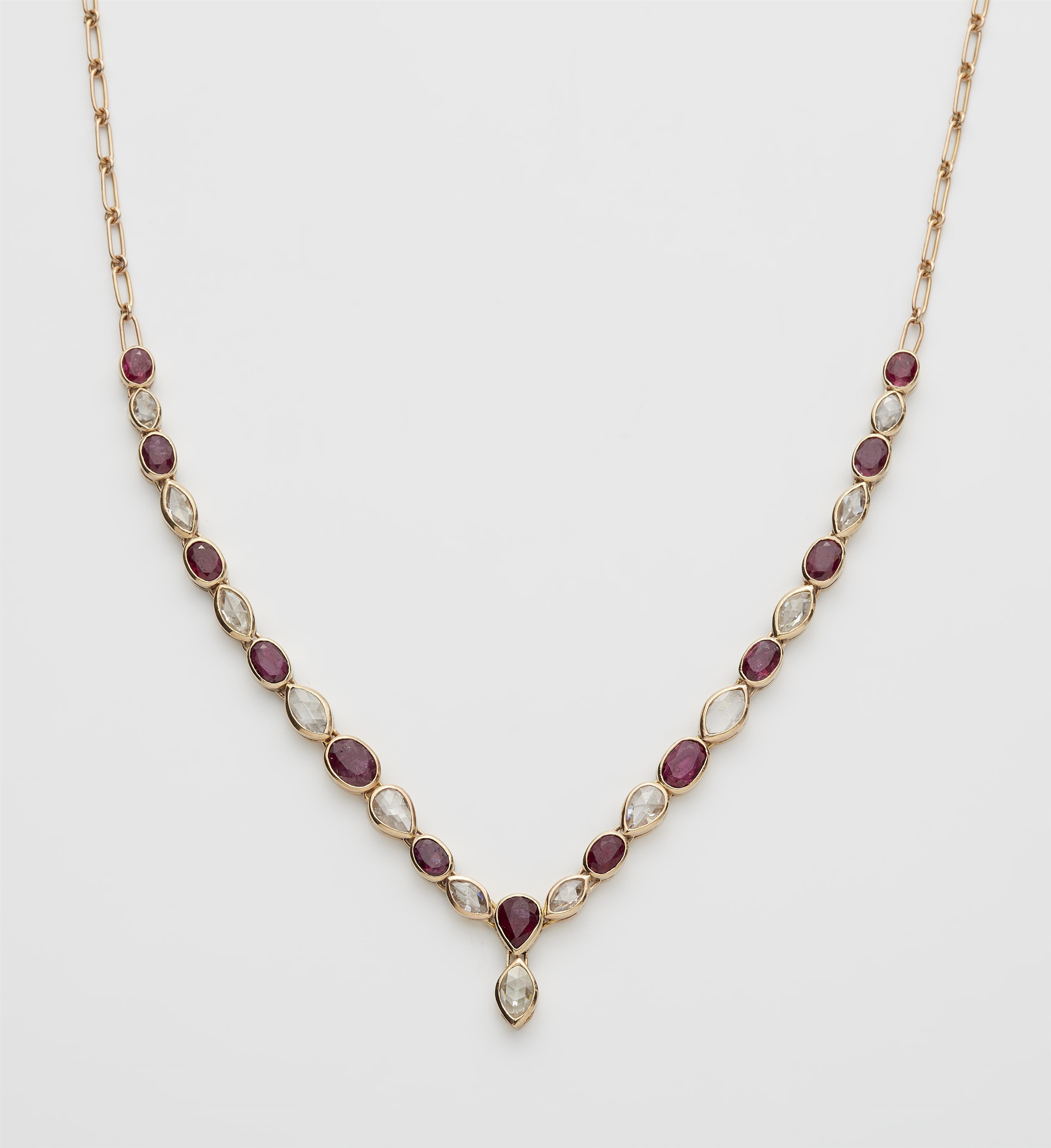 A 14k rose gold ruby and diamond necklace. - image-1