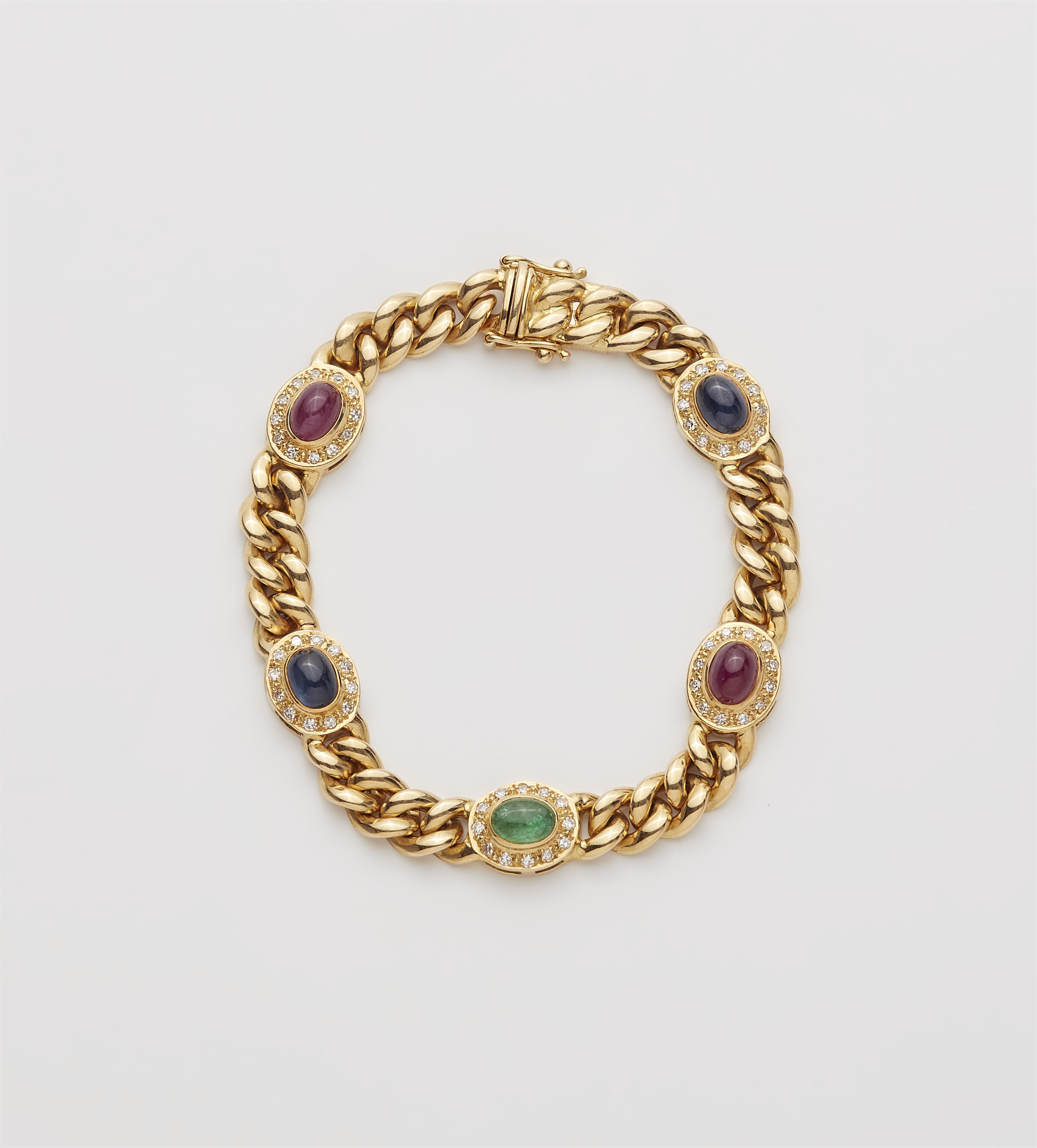 A German 18k yellow gold diamond and coloured gemstone chain bracelet. - image-1