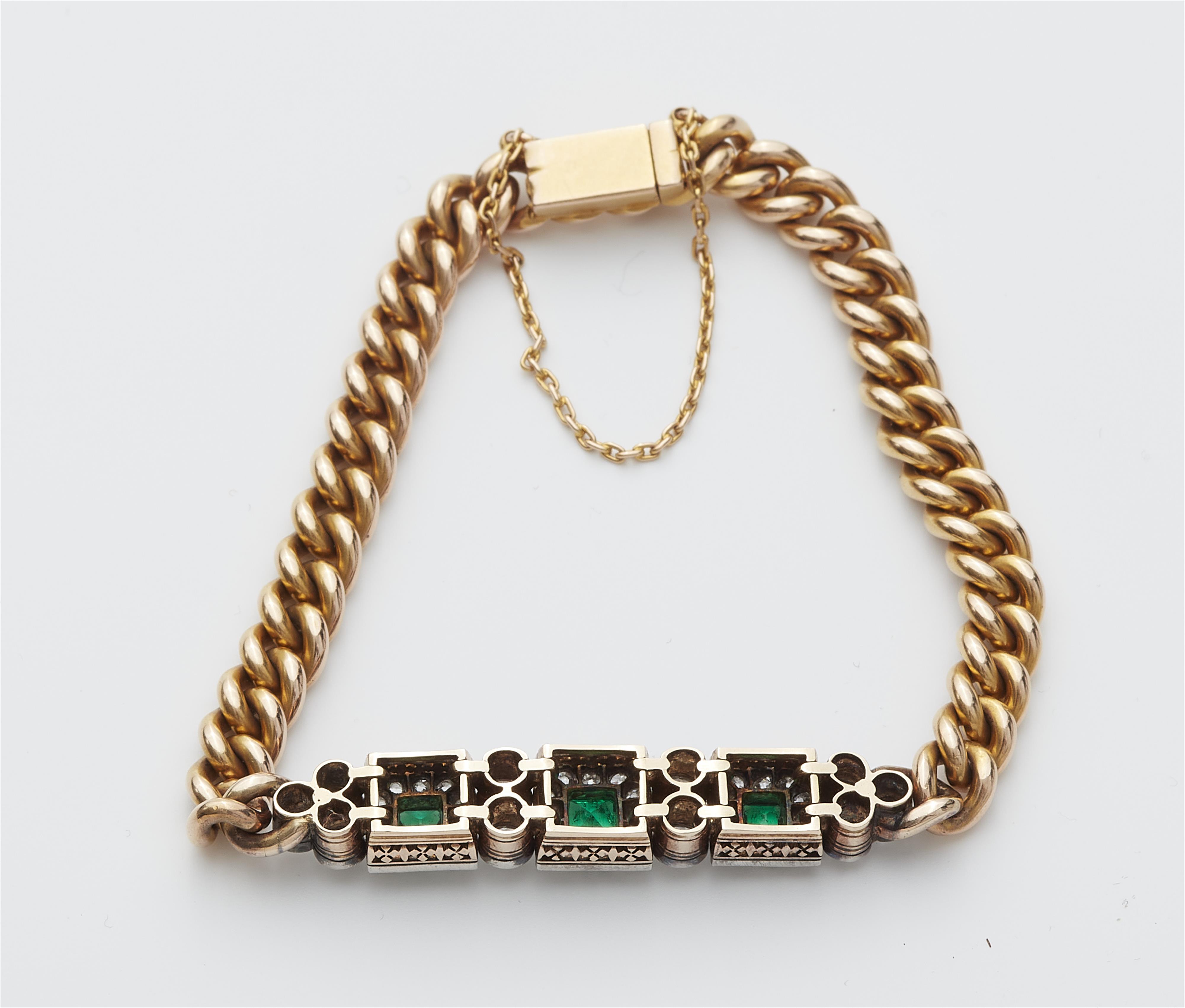 A German 14k gold diamond and natural Columbian emerald chain bracelet. - image-3