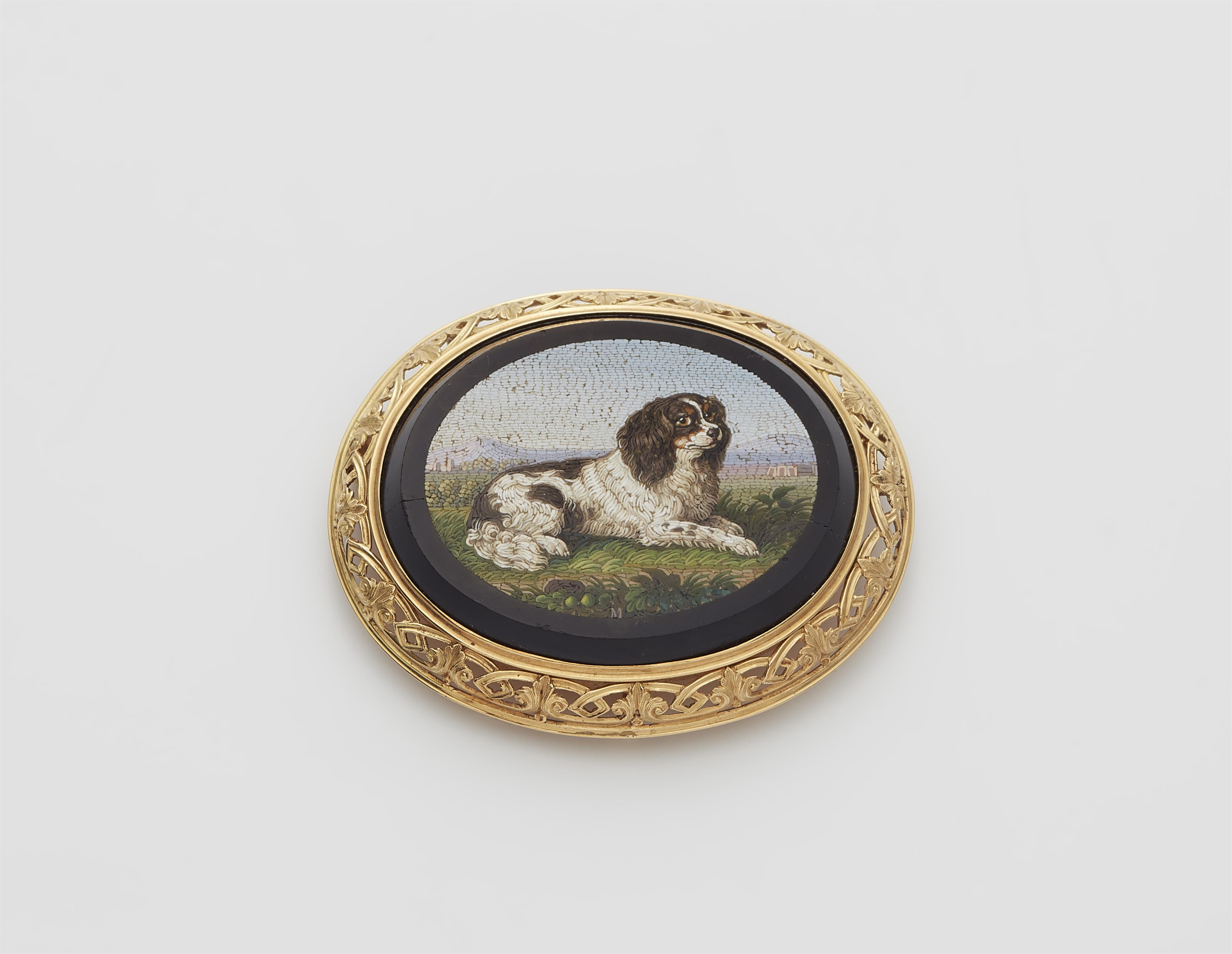 An 18k gold and Roman micromosaic brooch depicting a King Charles spaniel. - image-1