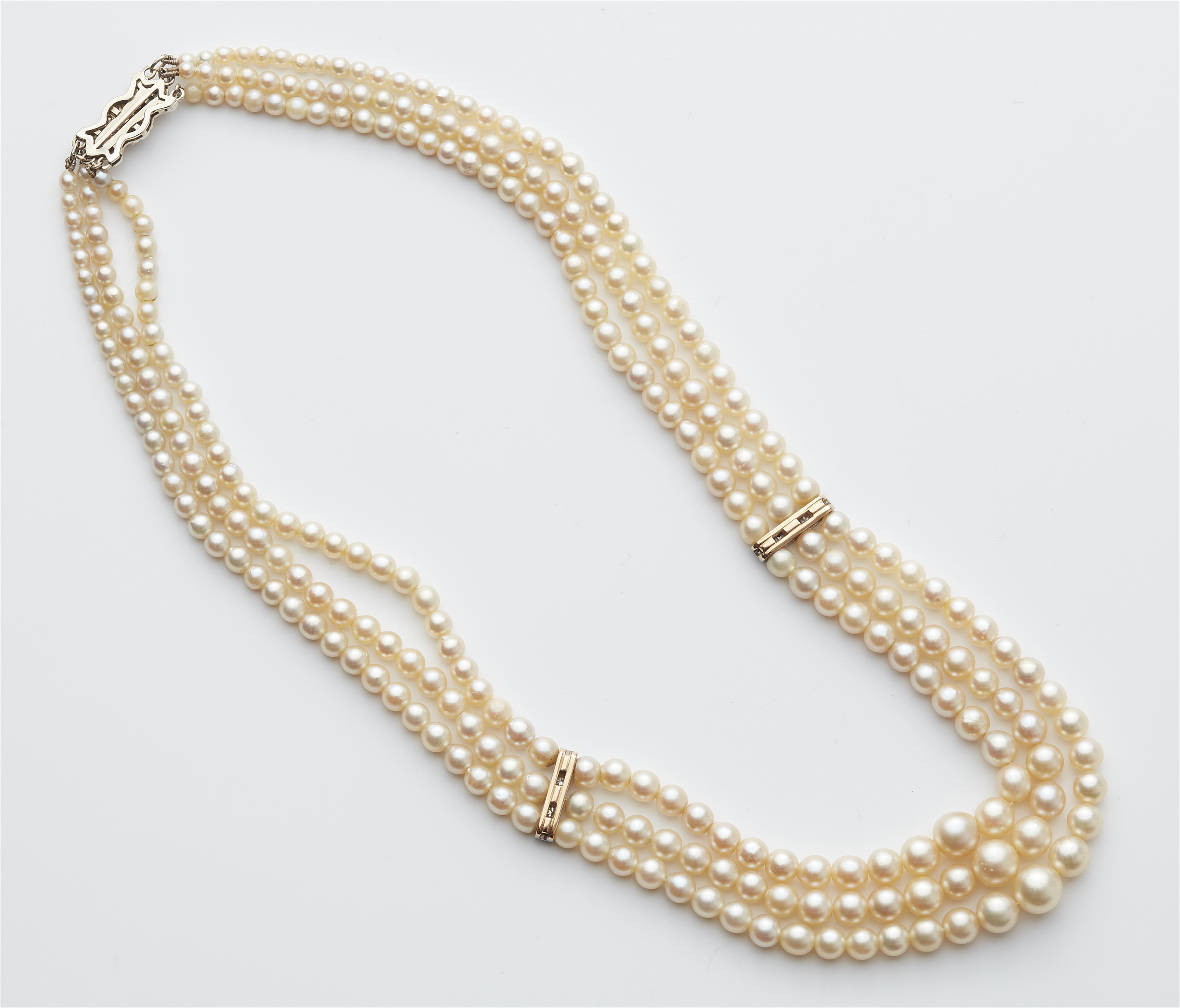 A French Art Déco 18k gold cultured pearl and diamond garland necklace. - image-2