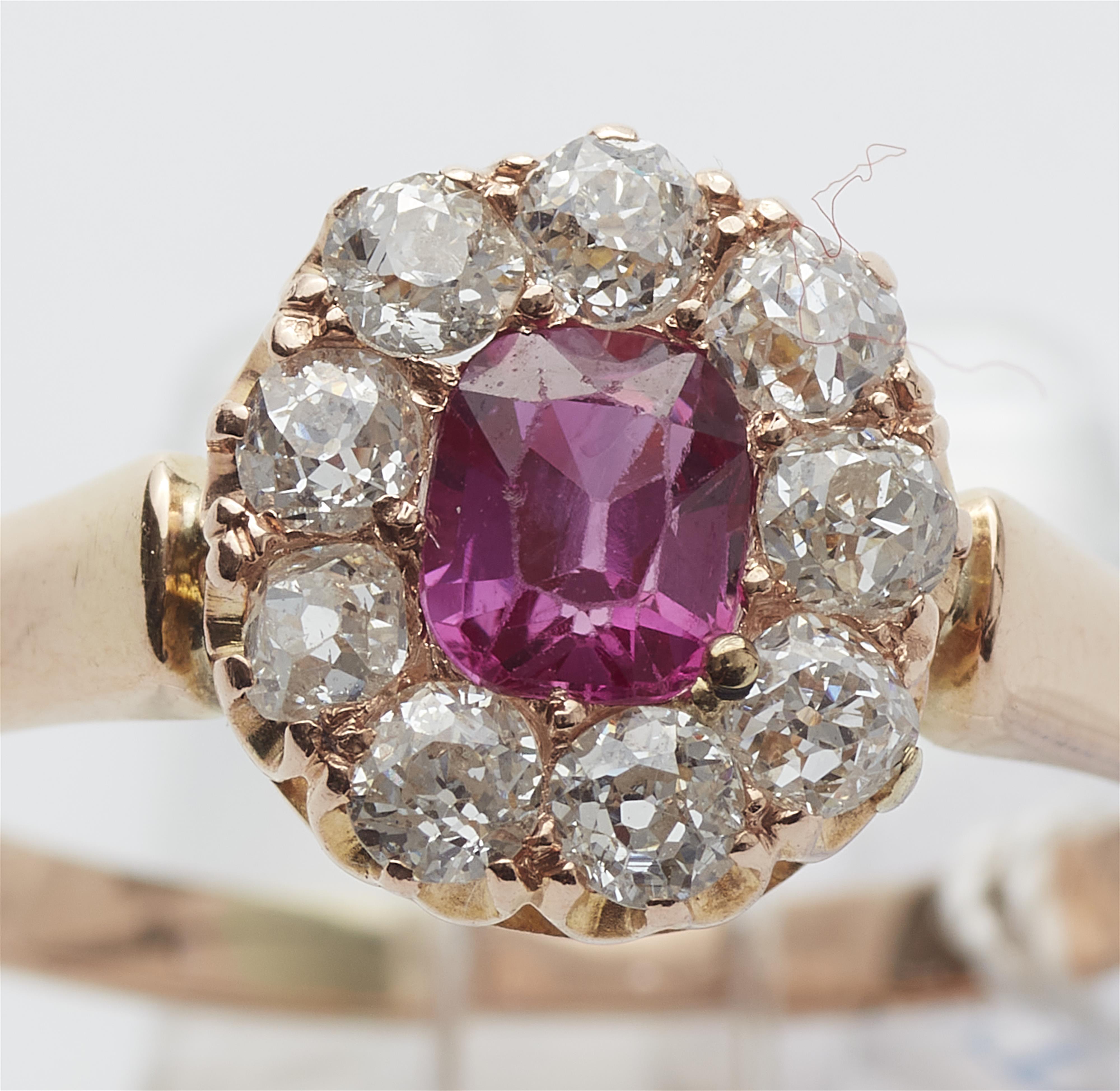 A 14k rose gold diamond and pink Burmese ruby cluster ring. - image-3