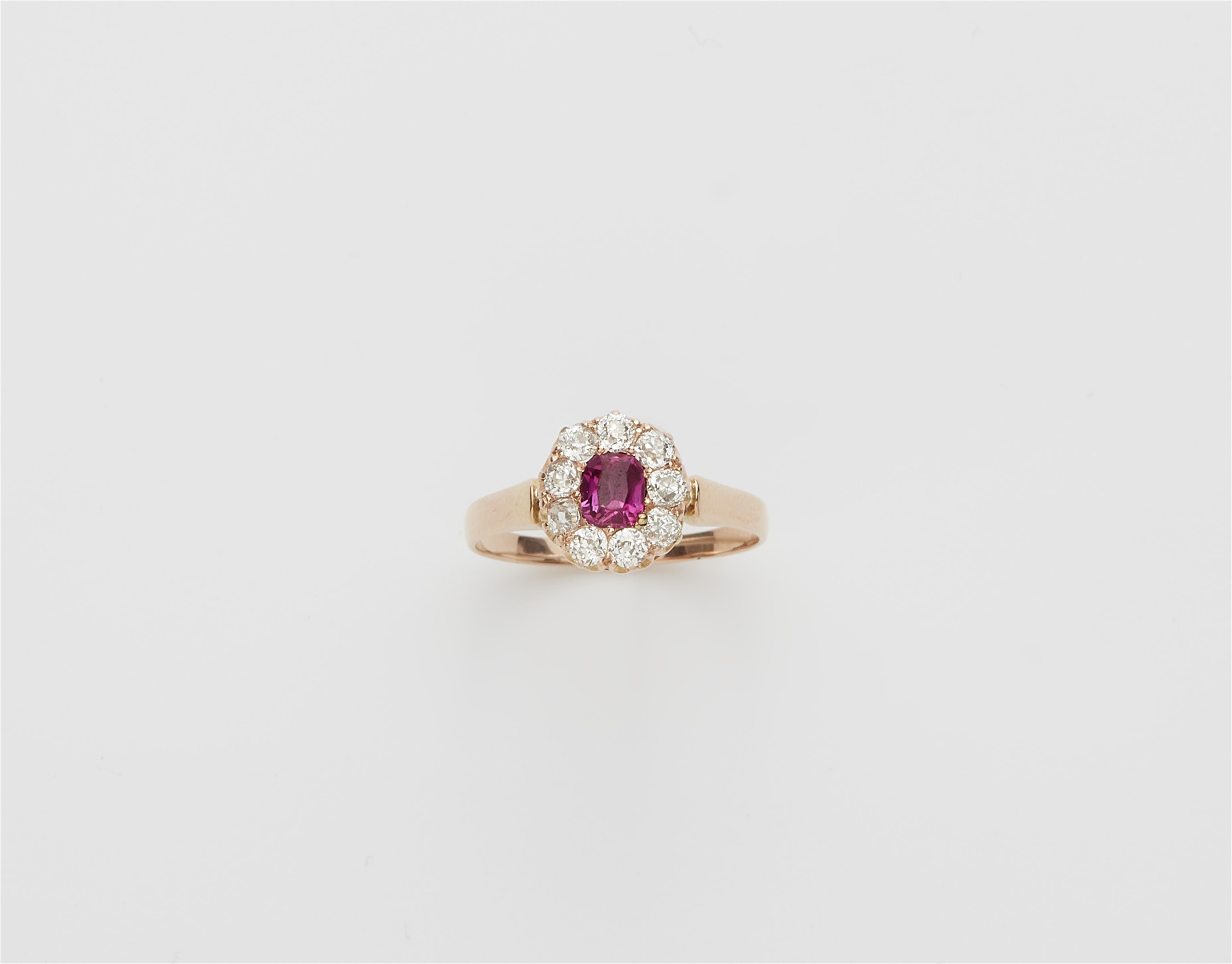 A 14k rose gold diamond and pink Burmese ruby cluster ring. - image-1