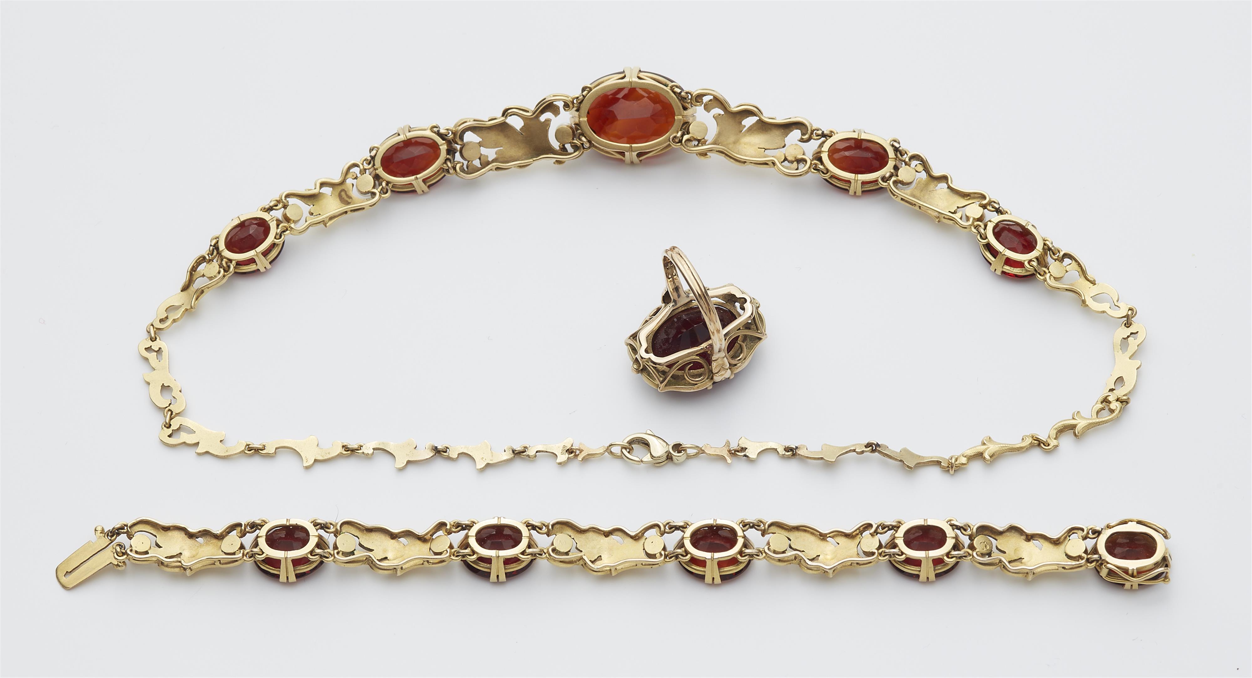A German 14k gold pearl and Madeira citrine suite comprising a necklace, a bracelet and a ring. - image-5