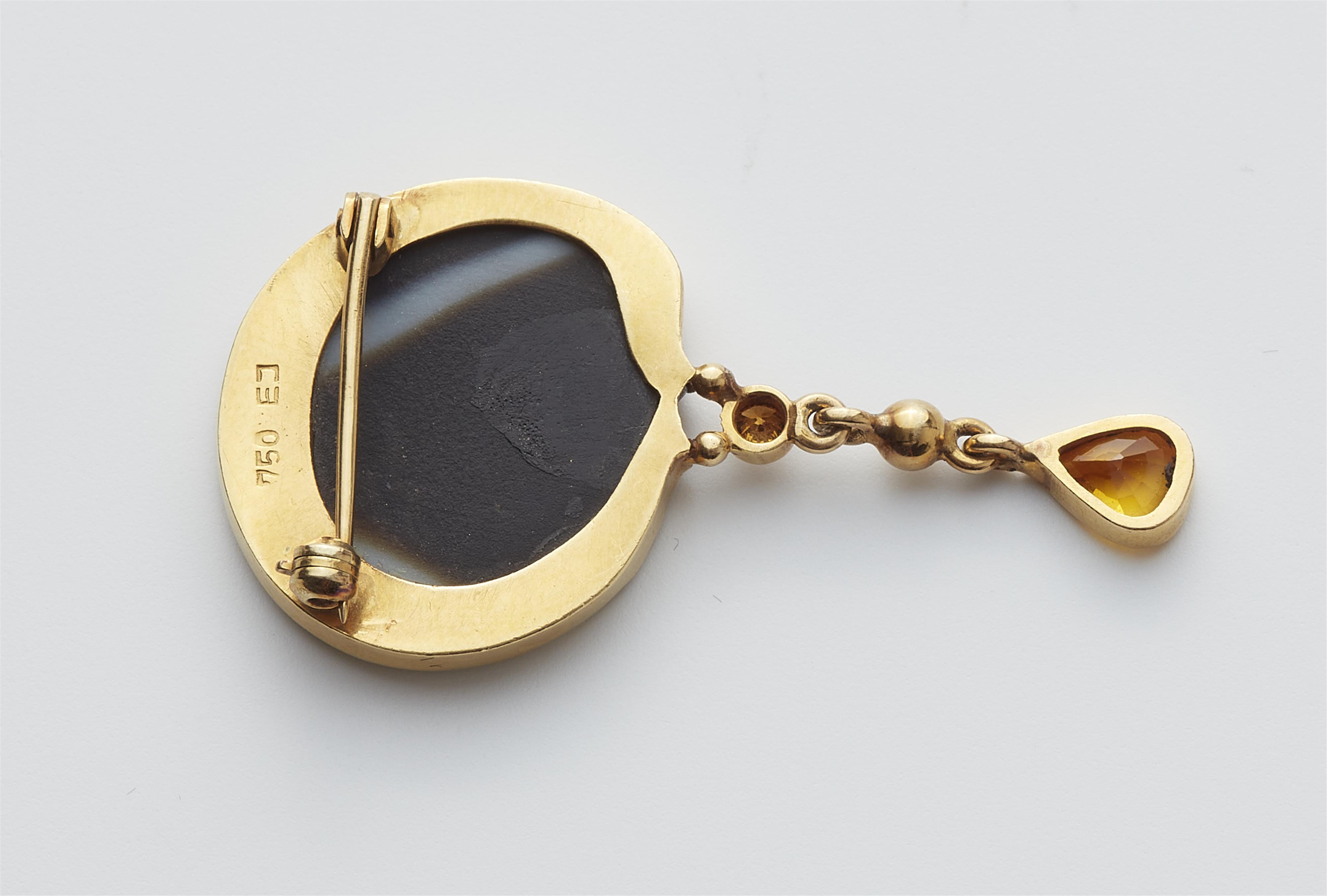 A German 18k gold agate, diamond and sapphire brooch. - image-2