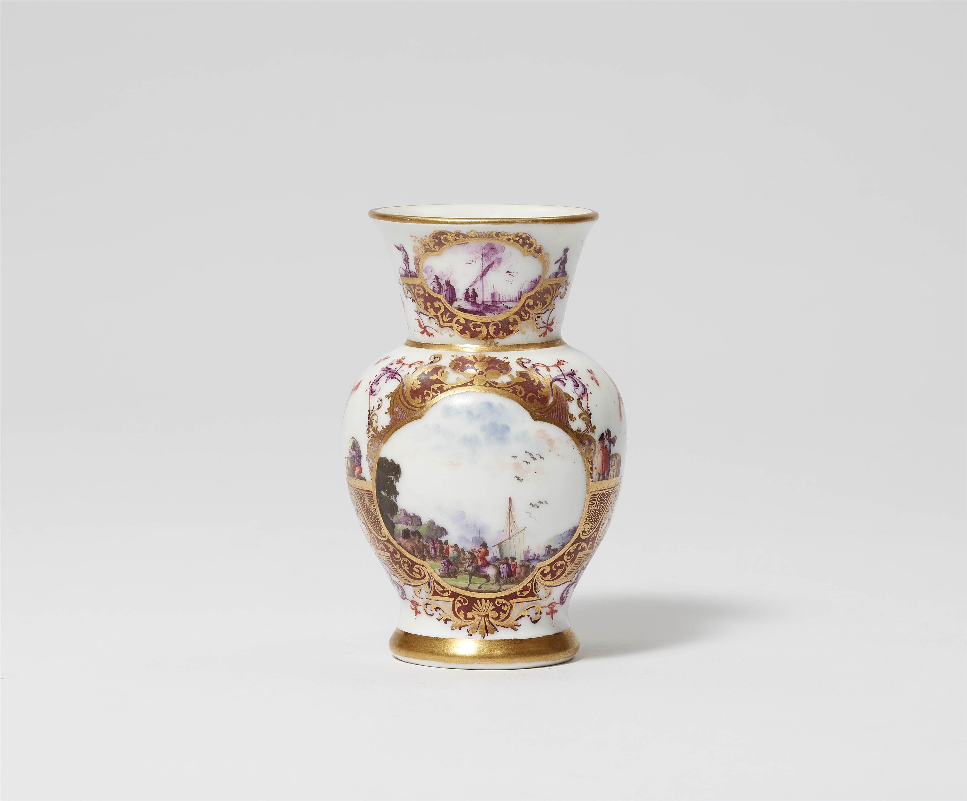 A small Meissen porcelain vase with purple lustre cartouches - image-1