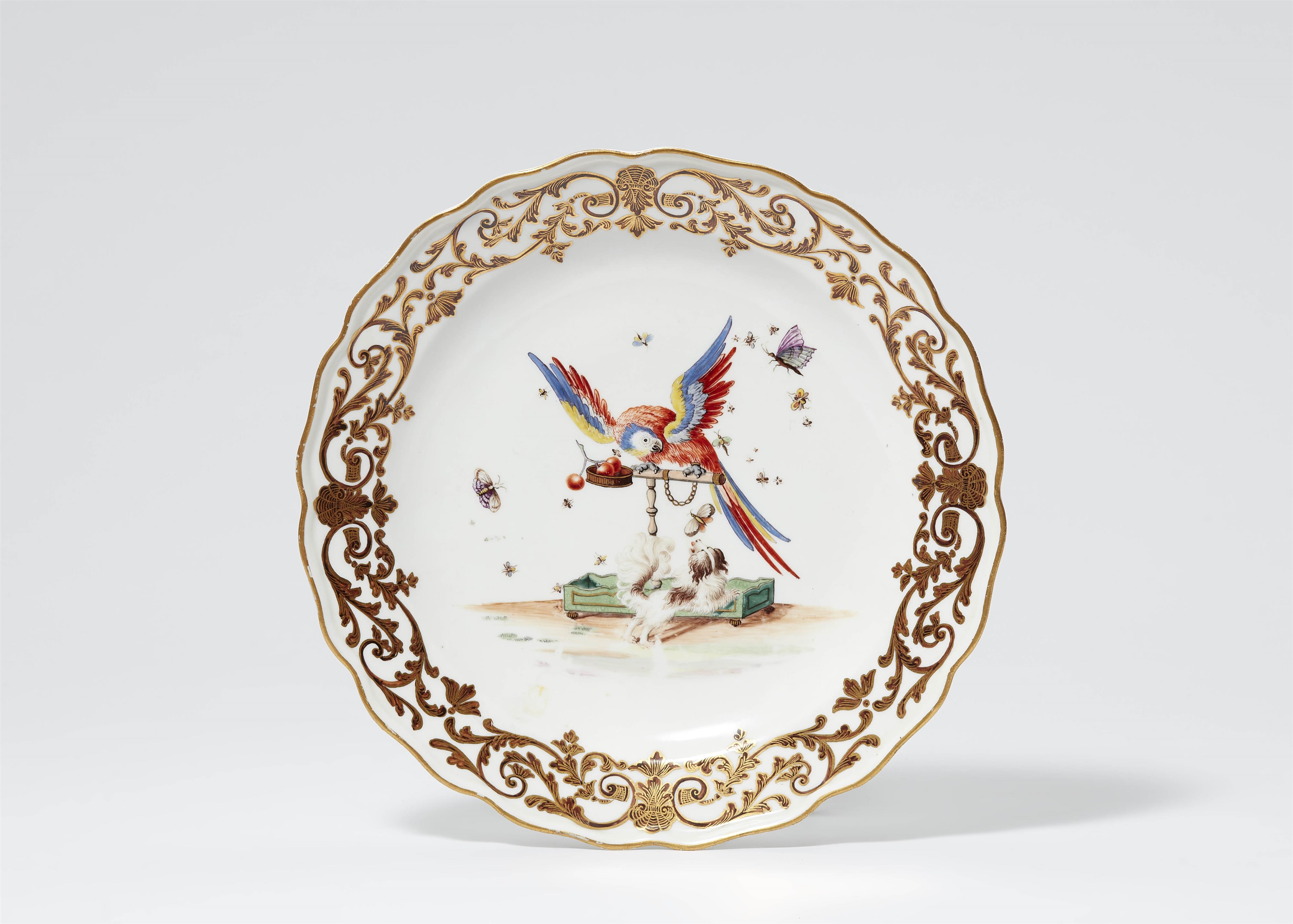 A Meissen porcelain plate with a parrot and a Bolognese dog - image-1