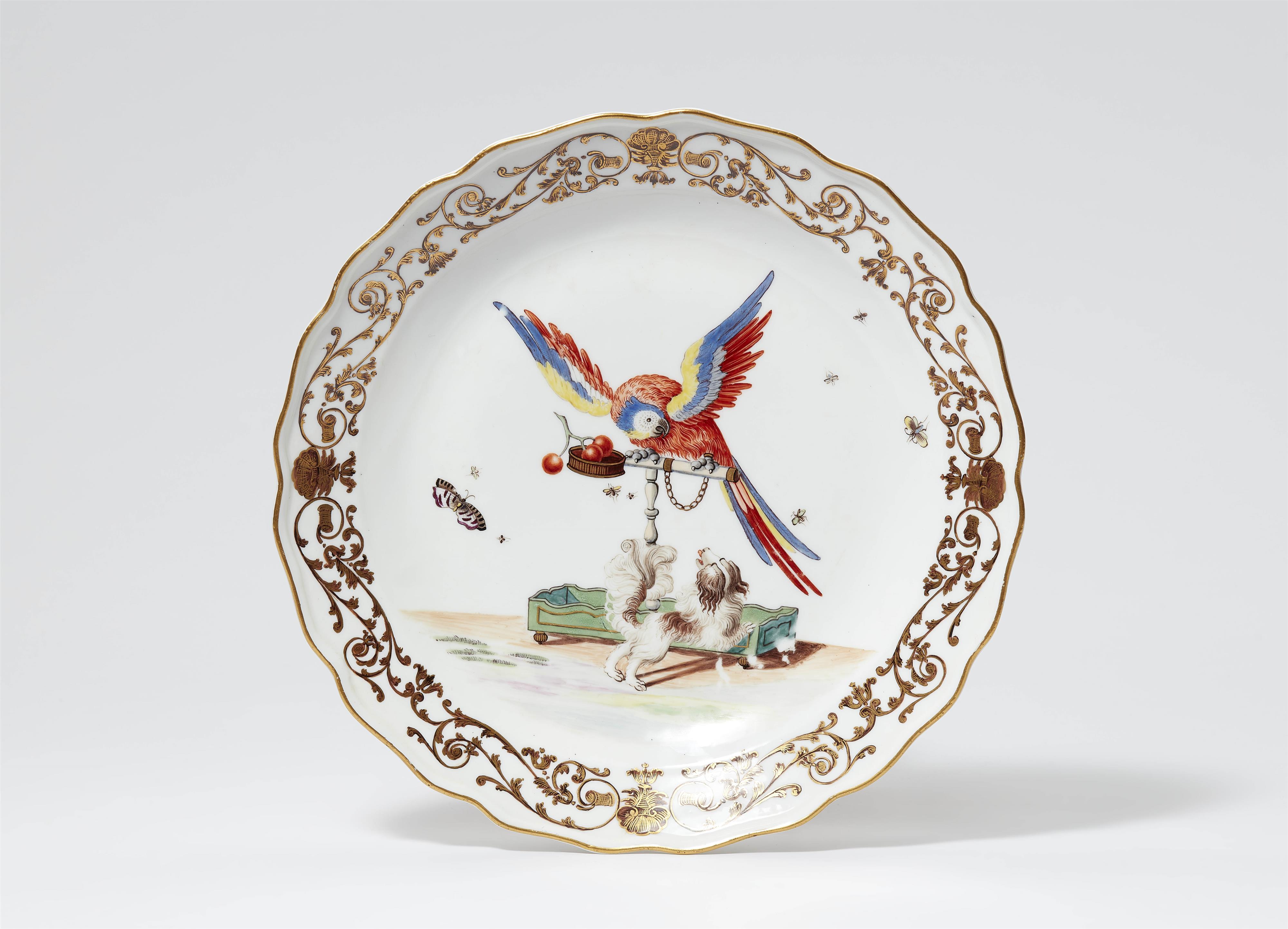 A Meissen porcelain platter with a parrot and a Bolognese dog - image-1