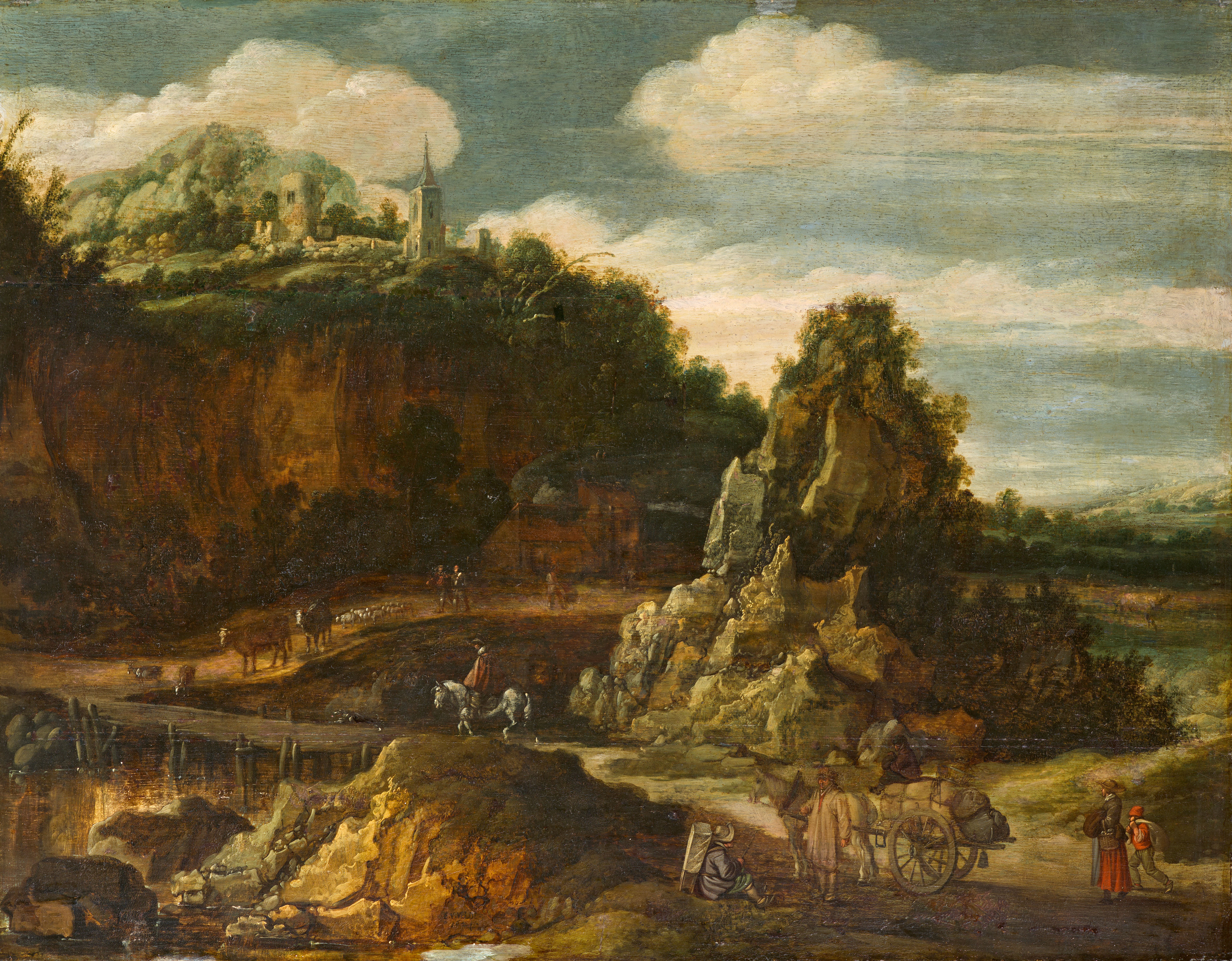 Esaias van de Velde - Hügelige Landschaft mit einem Weg über einen Bach - image-1