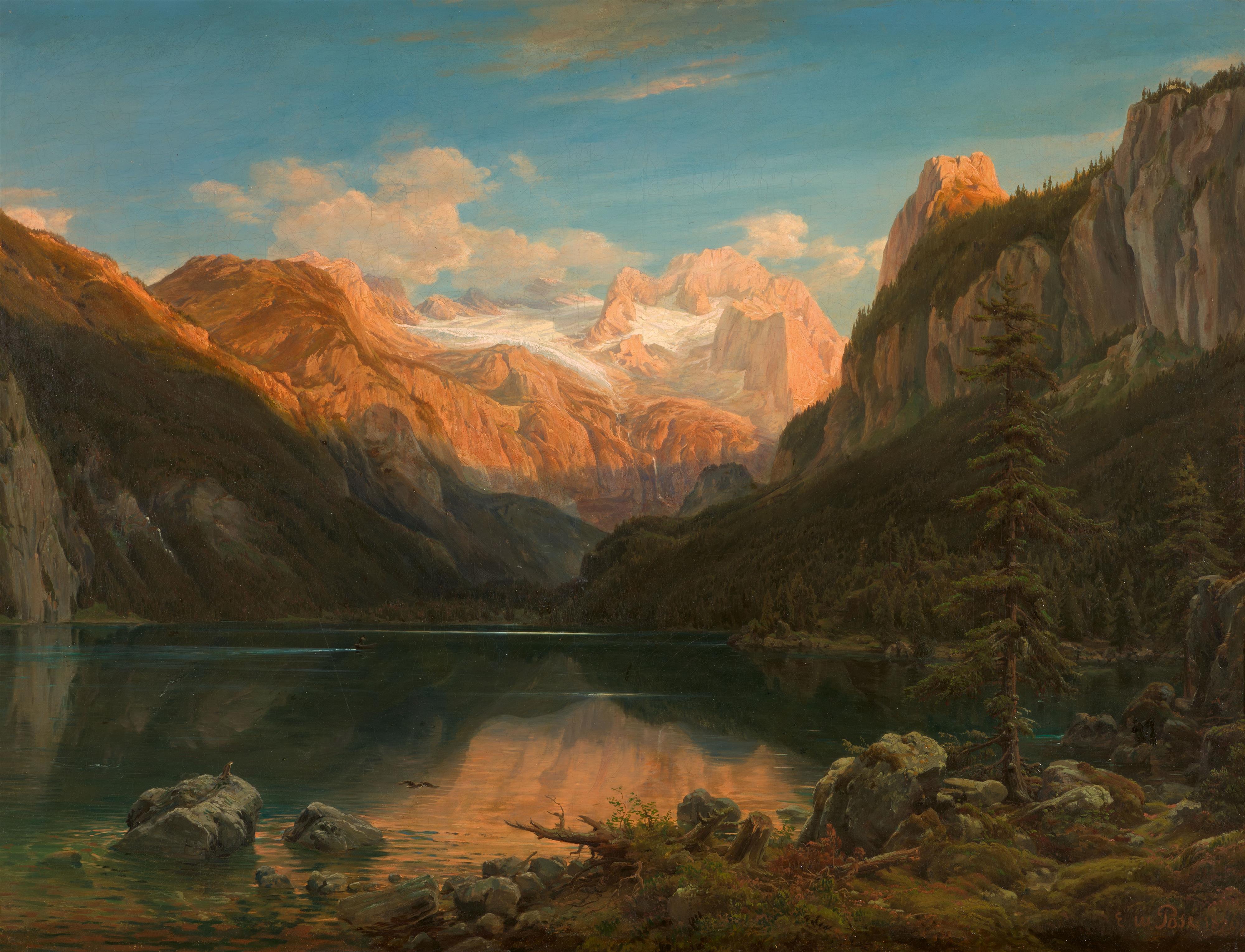 Eduard Wilhelm Pose - Alpine Landscape with a Lake and Glacier (Mount Dachstein and Lake Gosau) - image-1