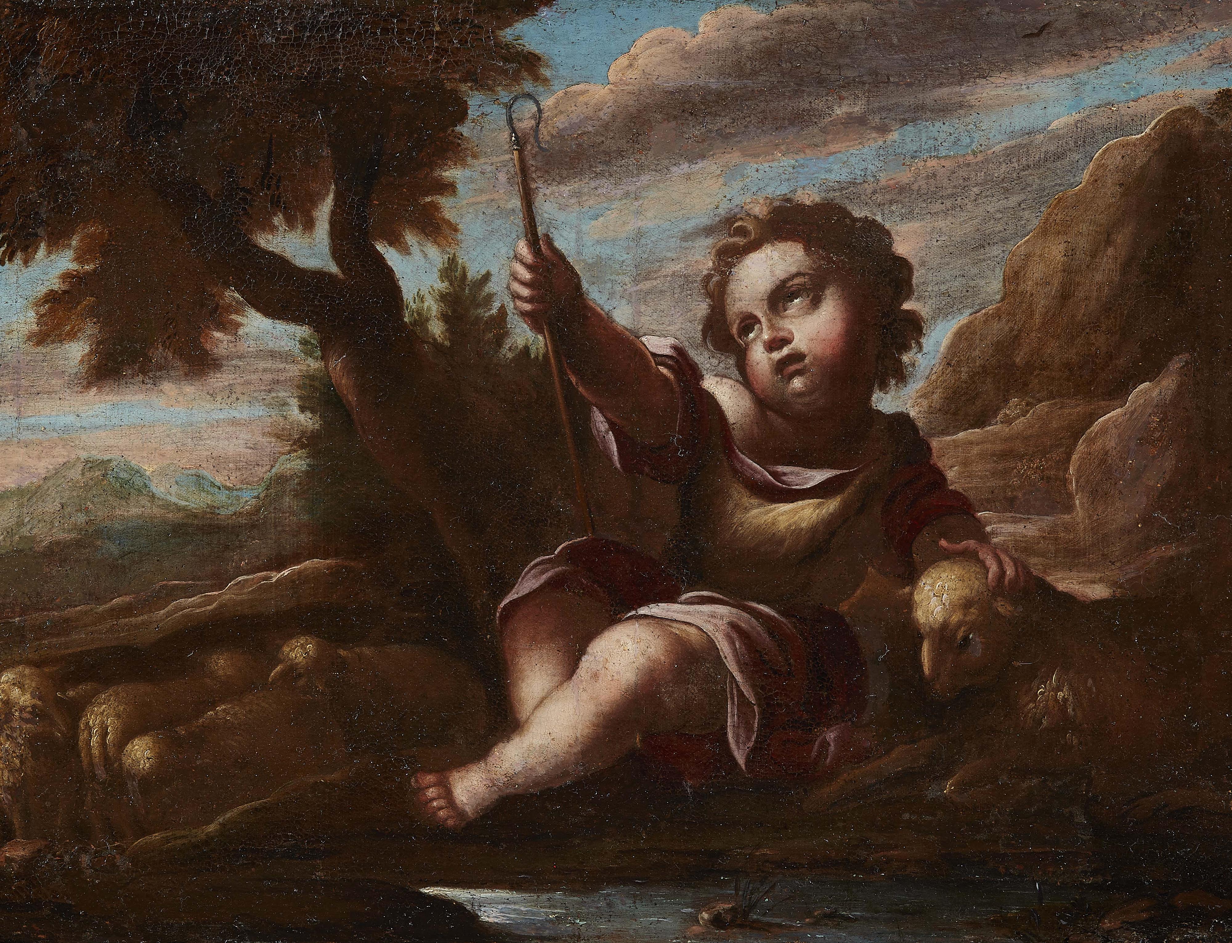 Italian or Spanish School 17th century - The Young John the Baptist with a Lamb and a Cross
The Young John the Baptist with a Lamb and a Fishing Rod - image-2