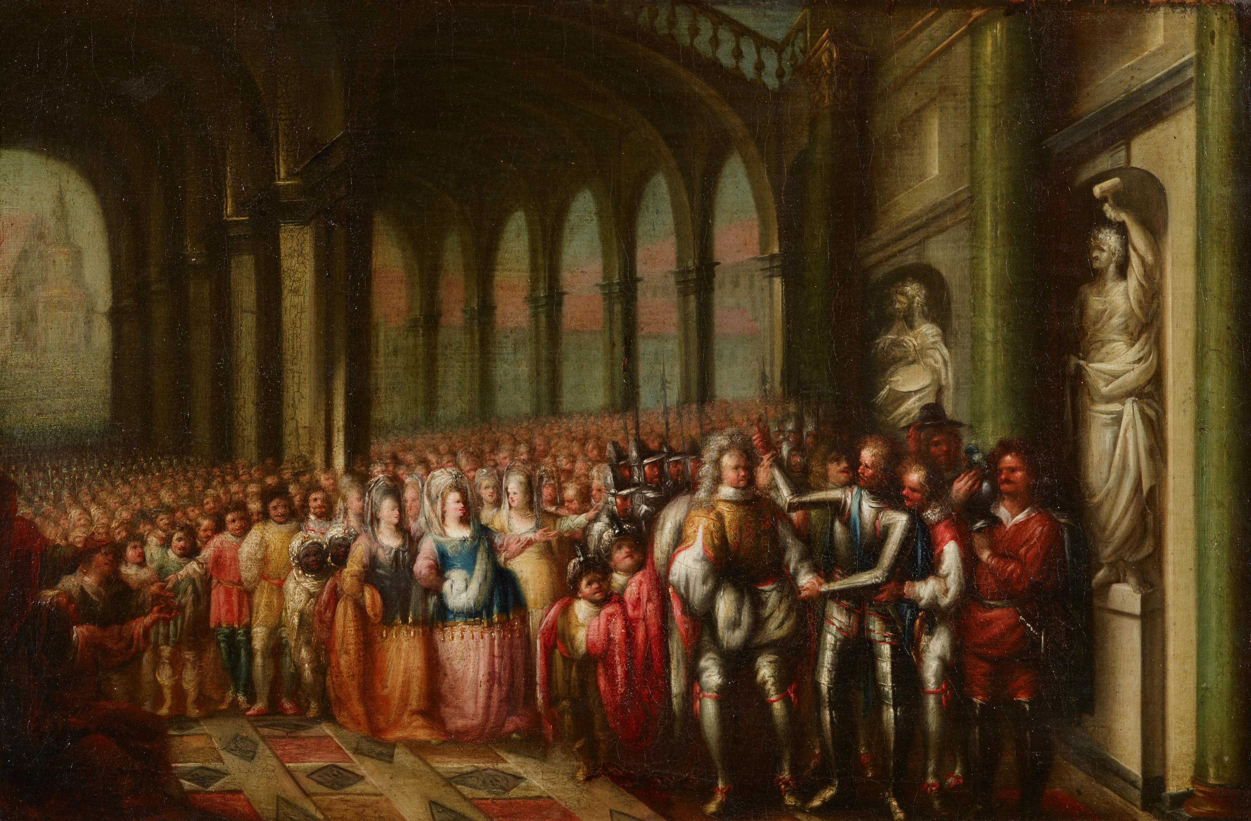 Spanish School 17th/18th century - Entry of a King with a Large Entourage into a Palace - image-1