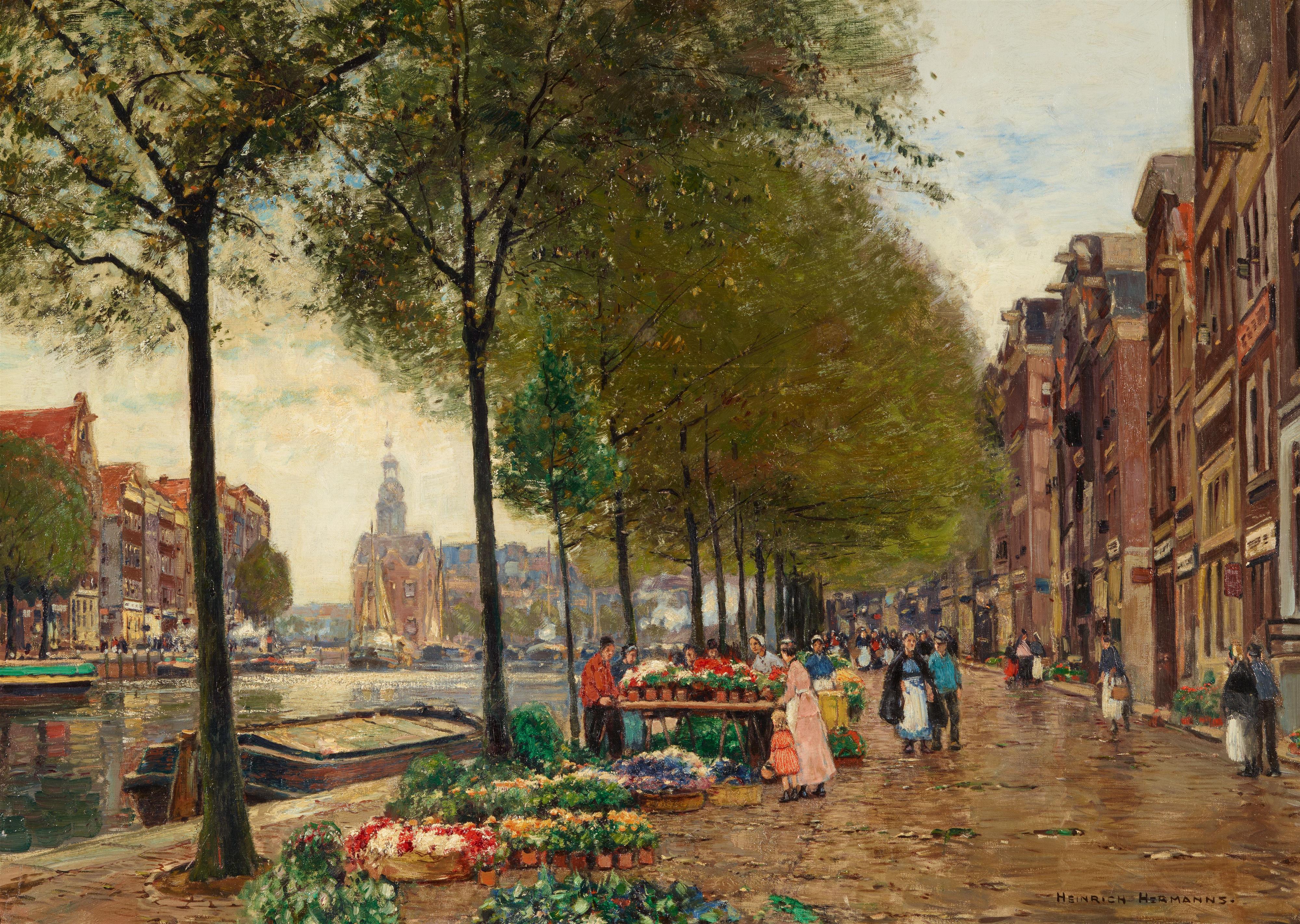 Heinrich Hermanns - Flower Market by a Canal in Amsterdam - image-1