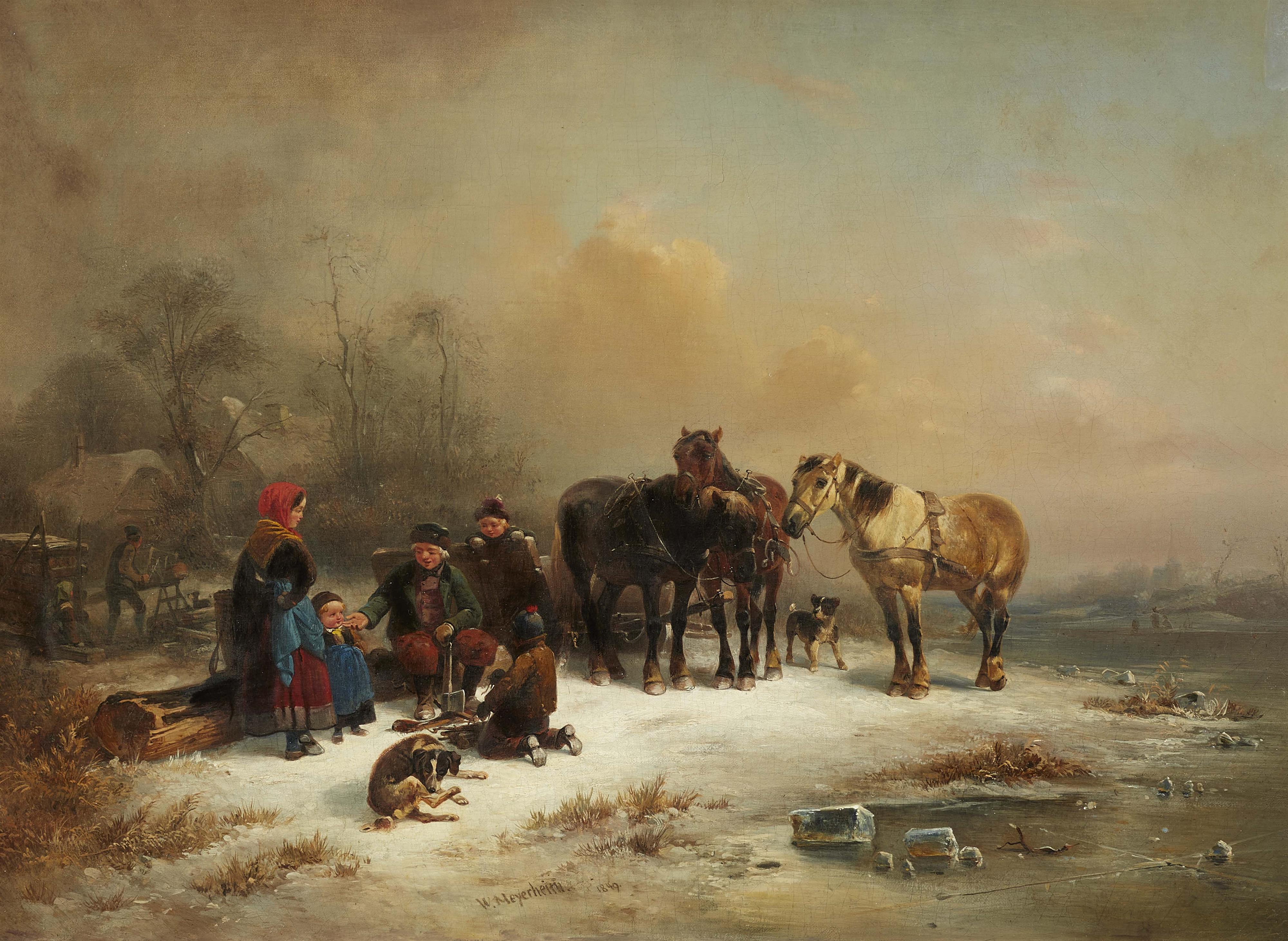 Wilhelm Meyerheim - Winter Landscape with Peasant Children and Horses - image-1