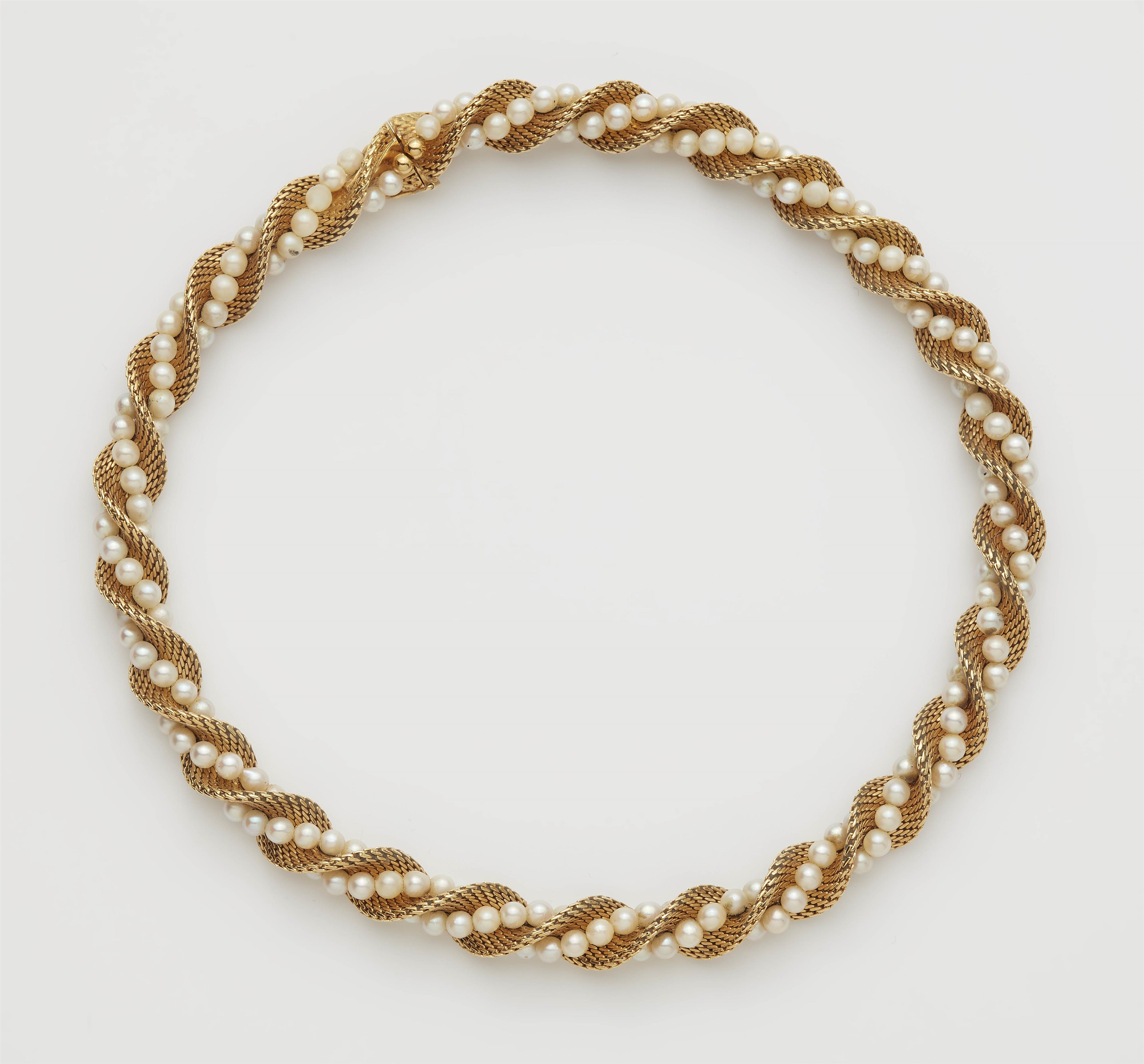 An 18k gold meshwork and cultured pearl twist necklace. - image-1