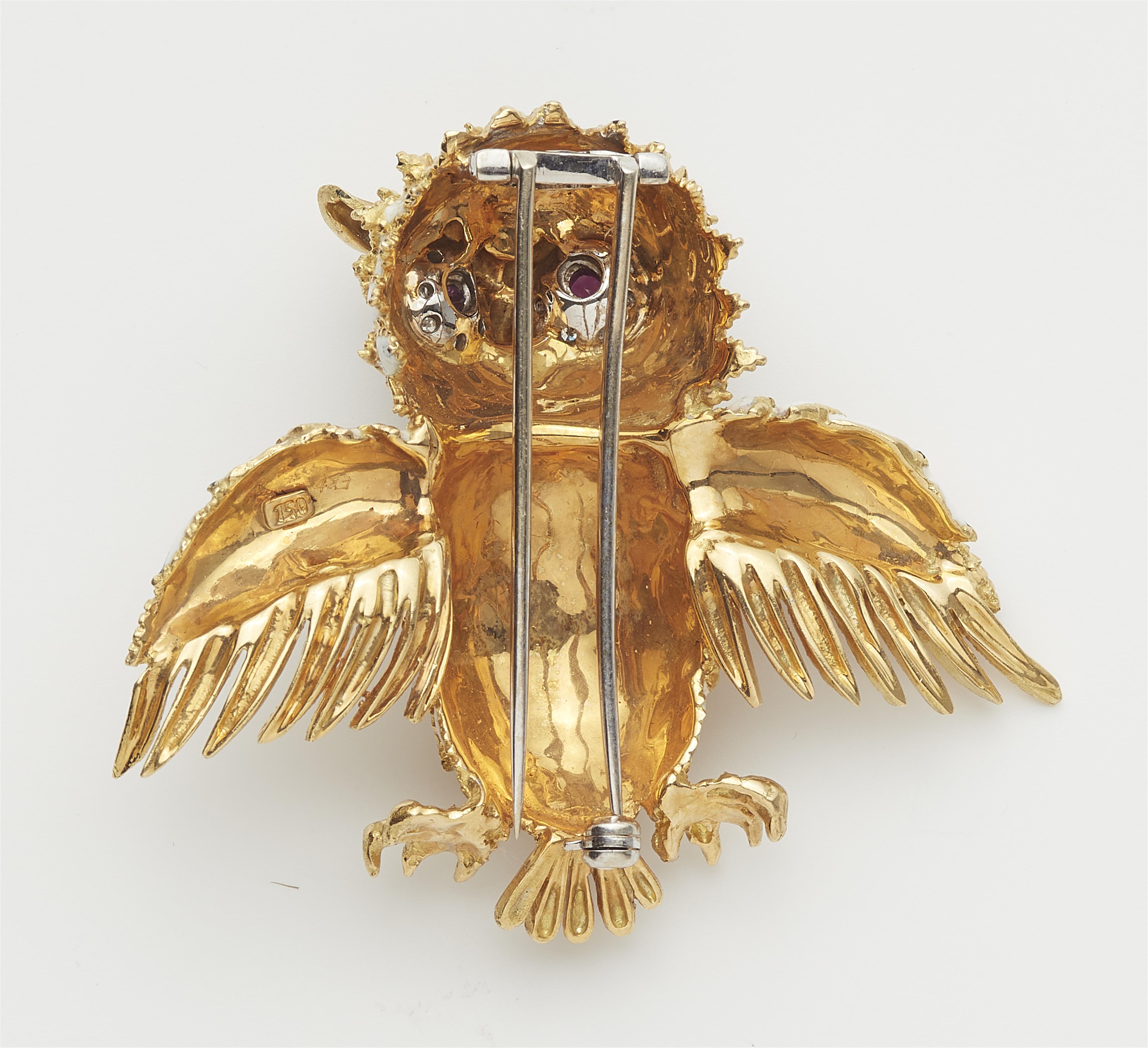 An 18k gold enamel and ruby owl clip brooch. - image-2