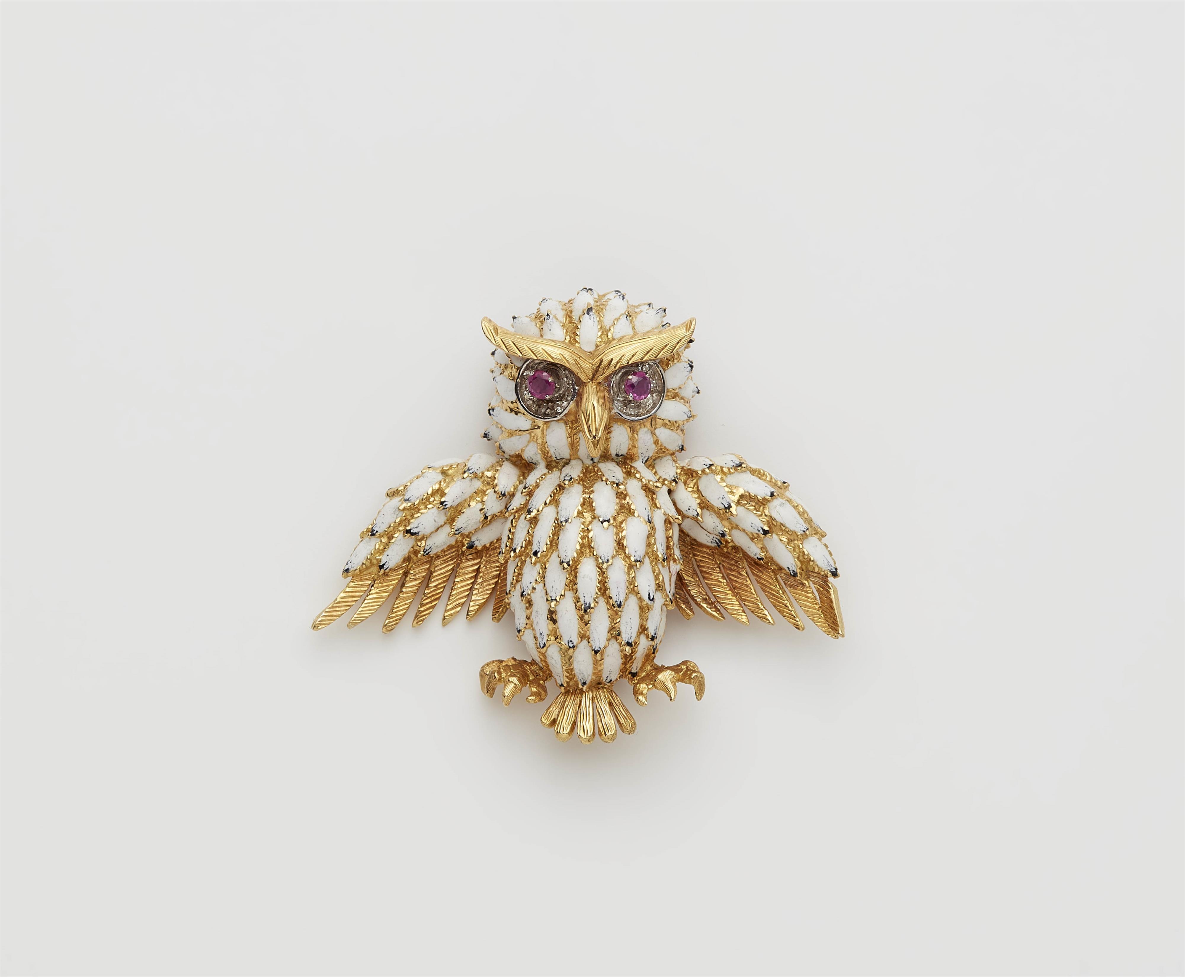 An 18k gold enamel and ruby owl clip brooch. - image-1