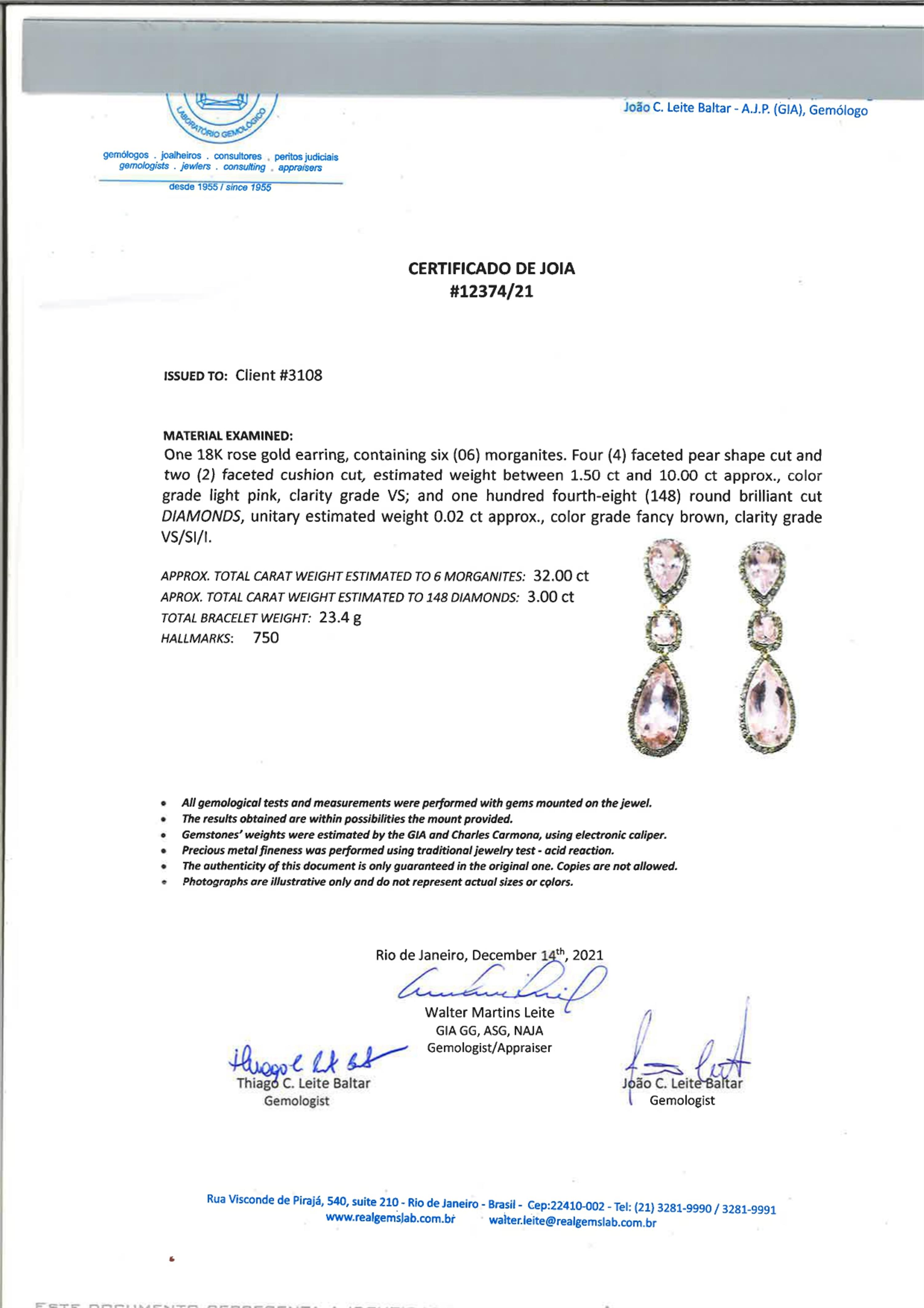 A pair of 18k rose gold diamond and morganite pendant earrings. - image-3
