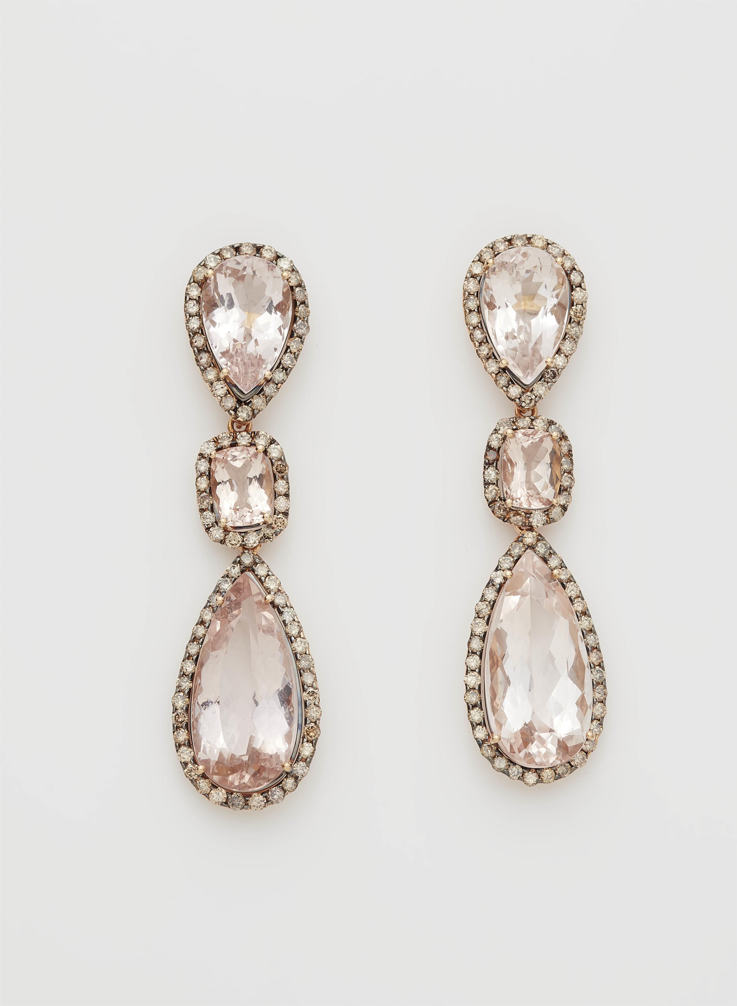 A pair of 18k rose gold diamond and morganite pendant earrings. - image-1