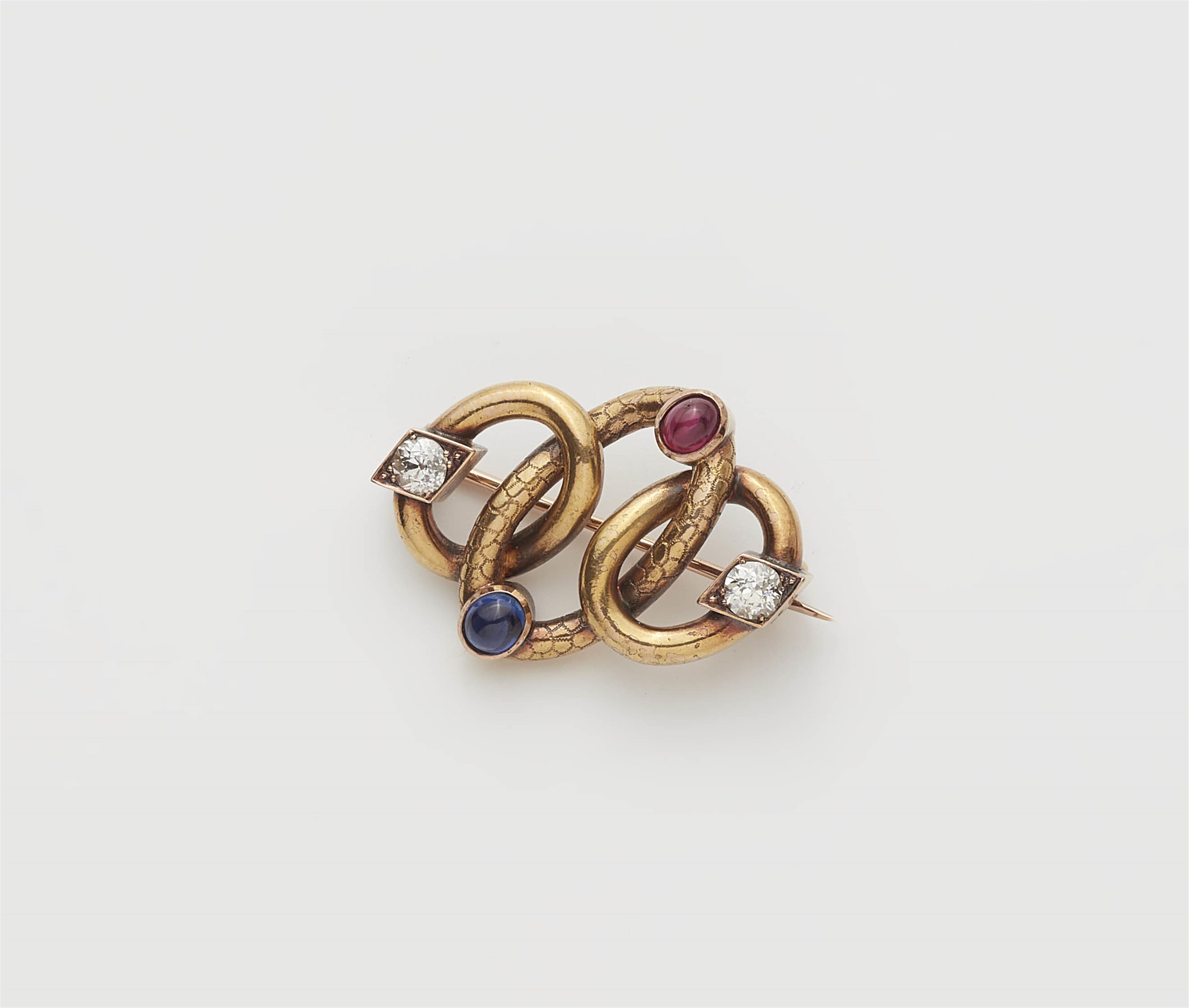 A late 19th century 14k gold sapphire ruby and diamond brooch. - image-1