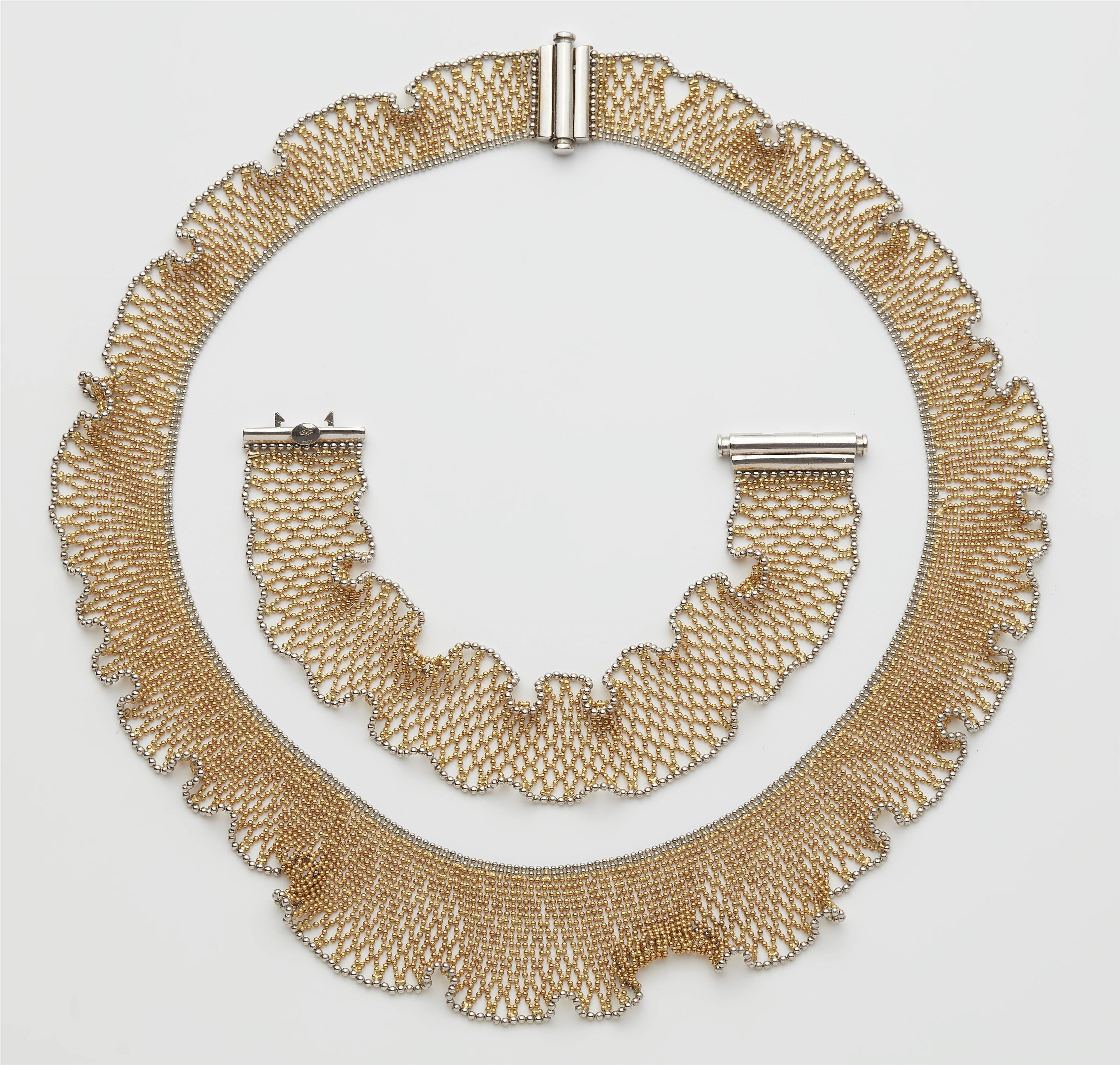 An Italian 18k bicolour gold mesh collar necklace and bracelet. - image-1