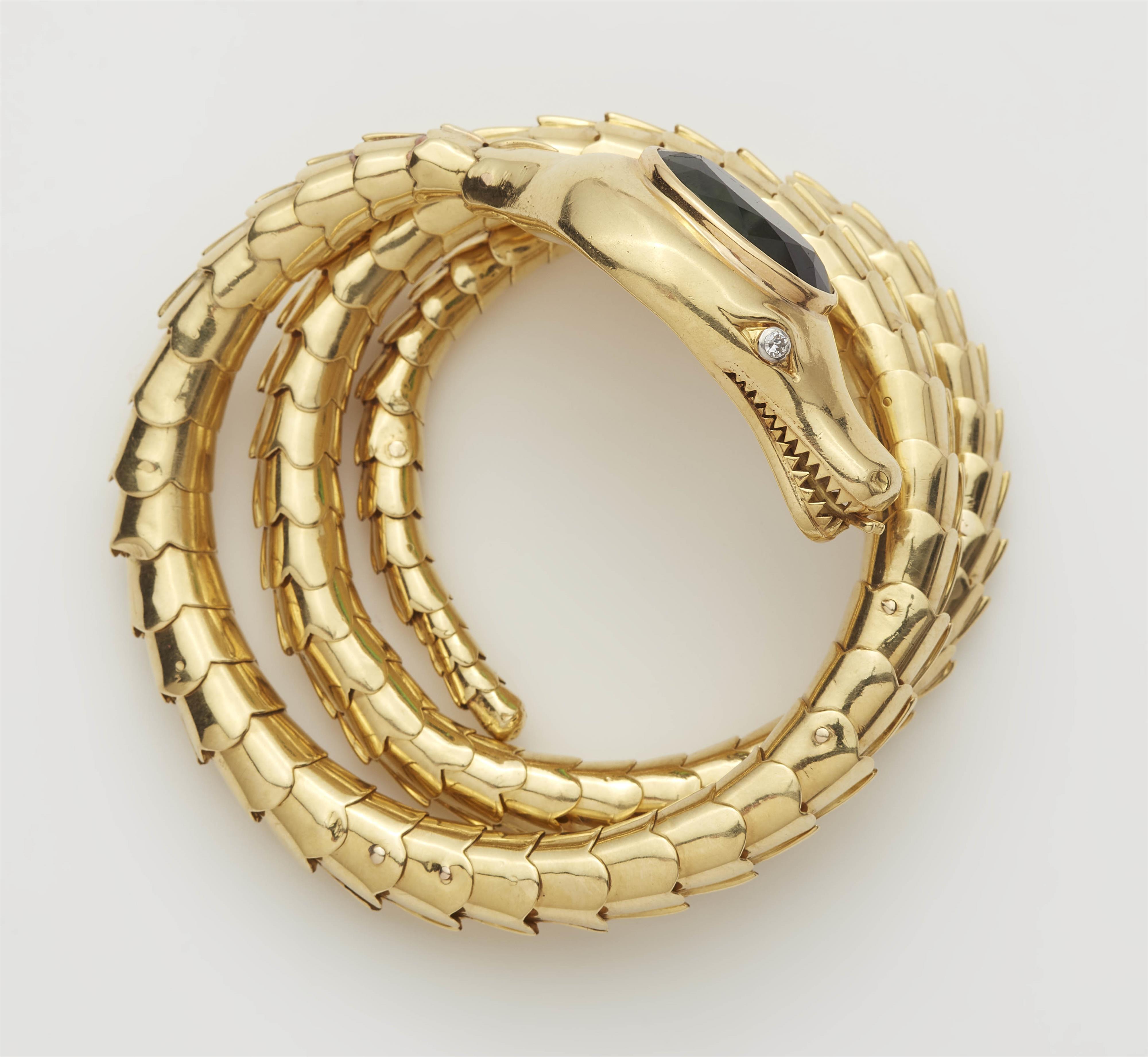 A flexible 18 kt gold diamond and green tourmaline snake bracelet. - image-2