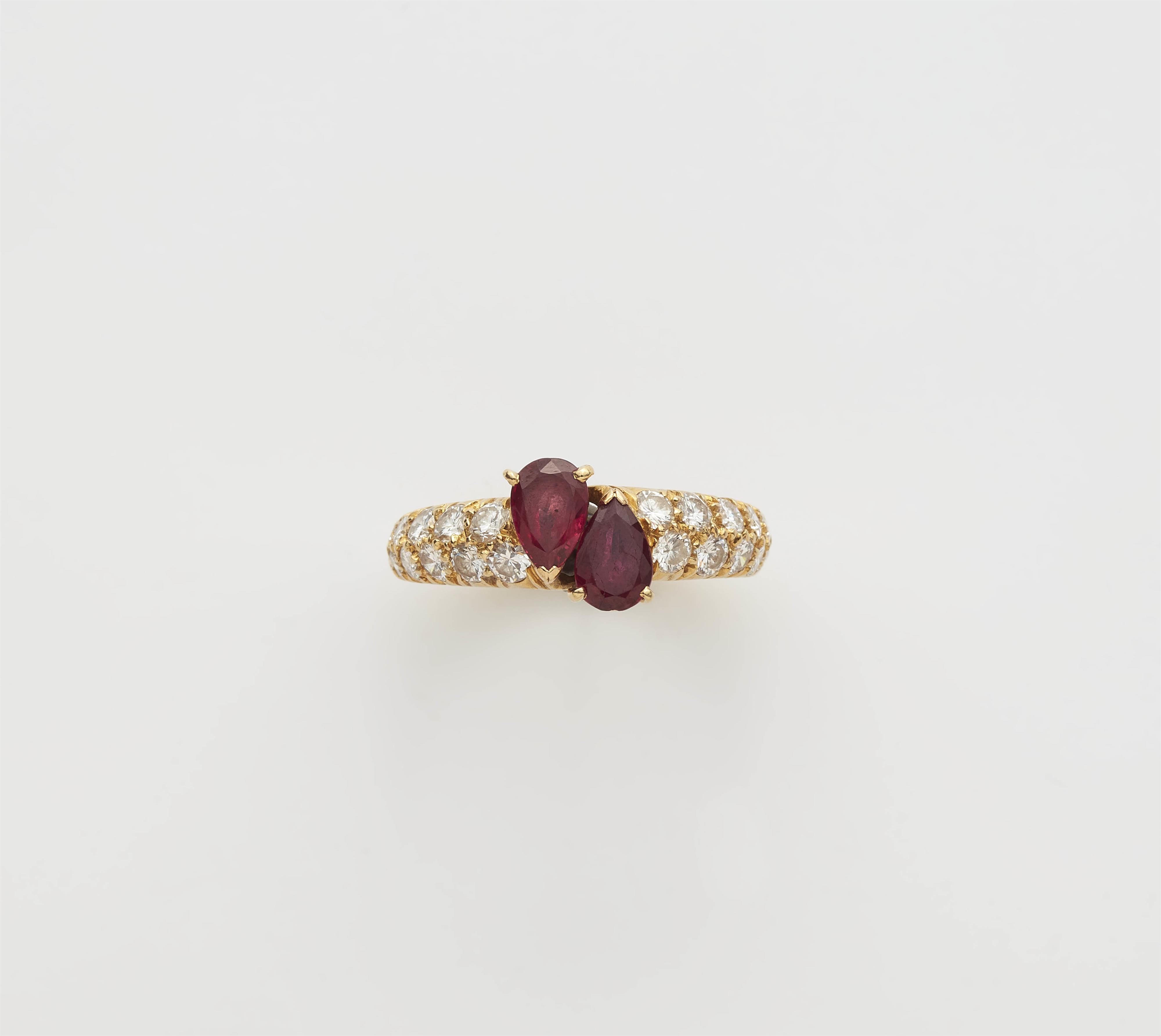 A French 18k gold diamond and pear-cut ruby band ring. - image-1