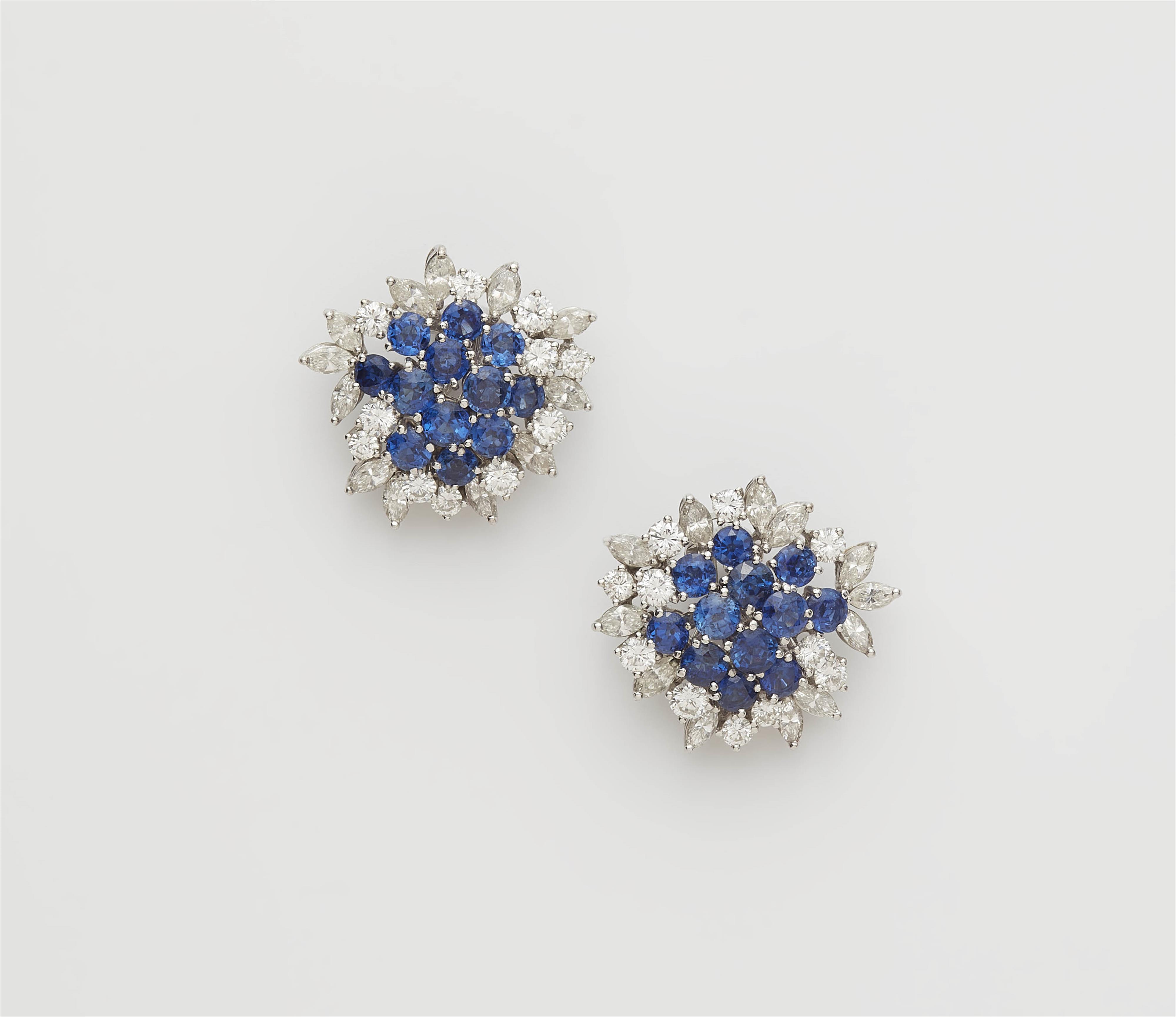 A pair of German 18k gold sapphire and diamond clip earrings. - image-1