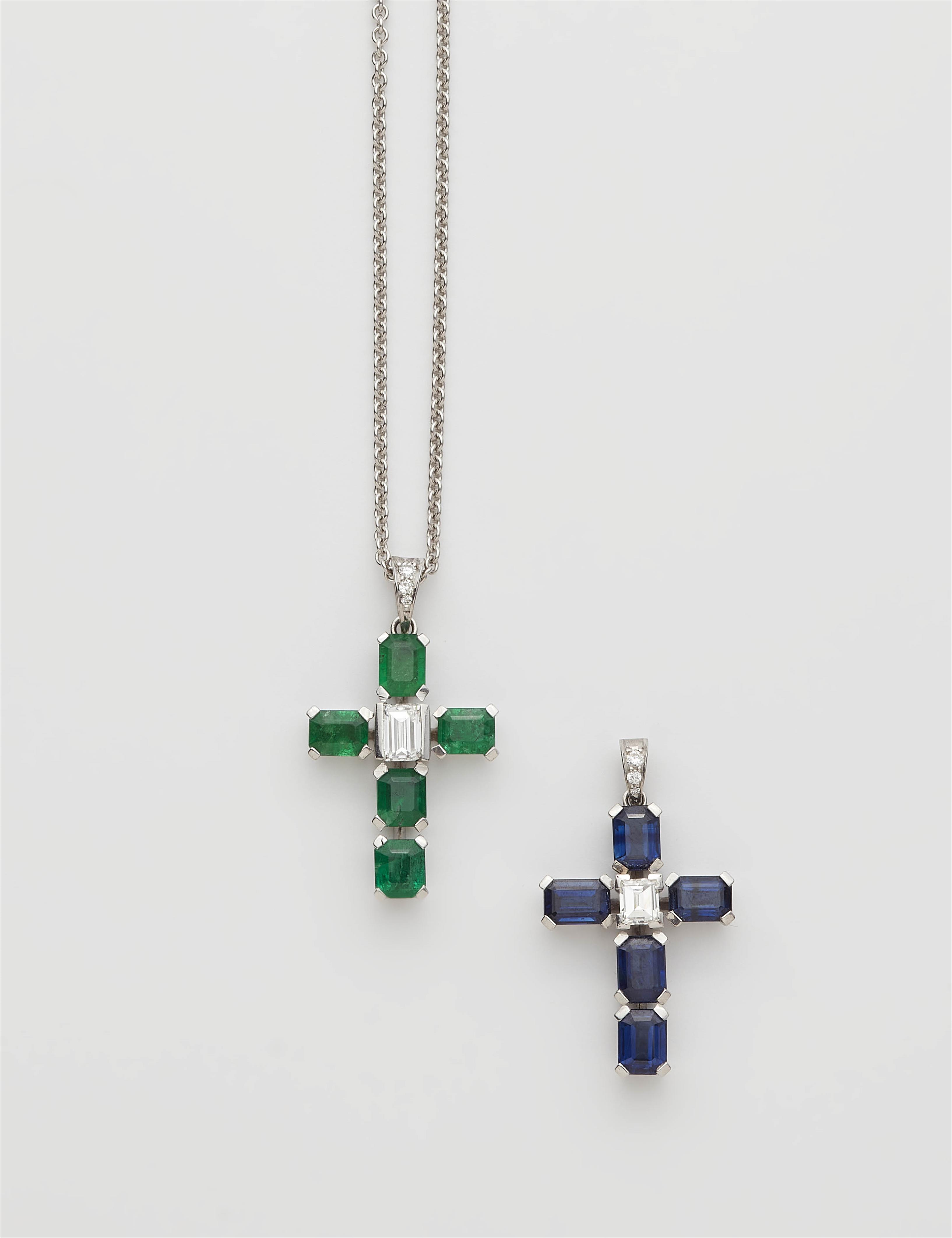 Two 18k gold diamond and emerald / sapphire cross pendants with chain. - image-1