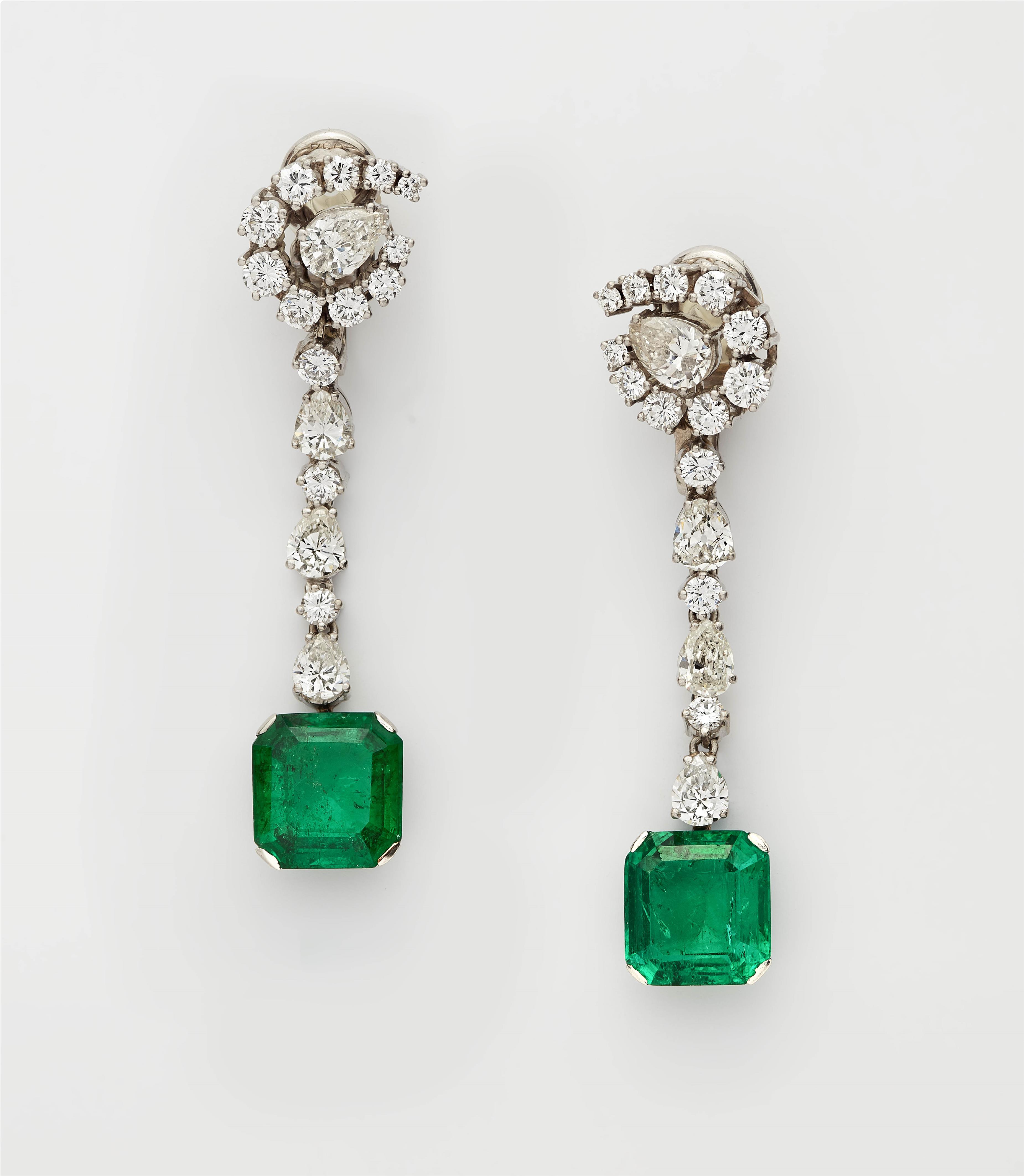 A pair of 18k gold diamond and emerald cocktail earrings. - image-1