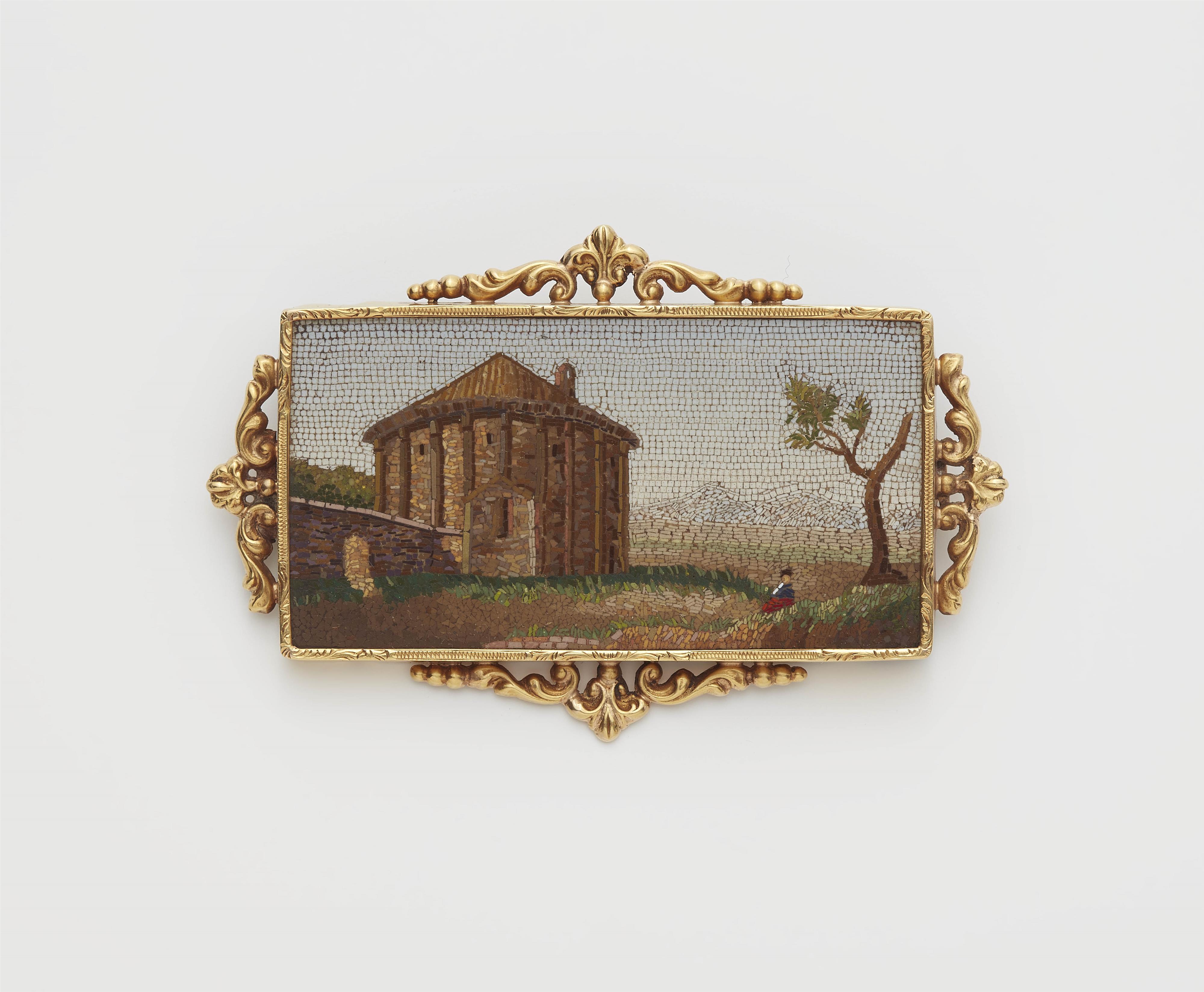 A French Louis Philippe 18k gold brooch with a Roman micromosaic depicting a landscape with an ancient ruin. - image-1