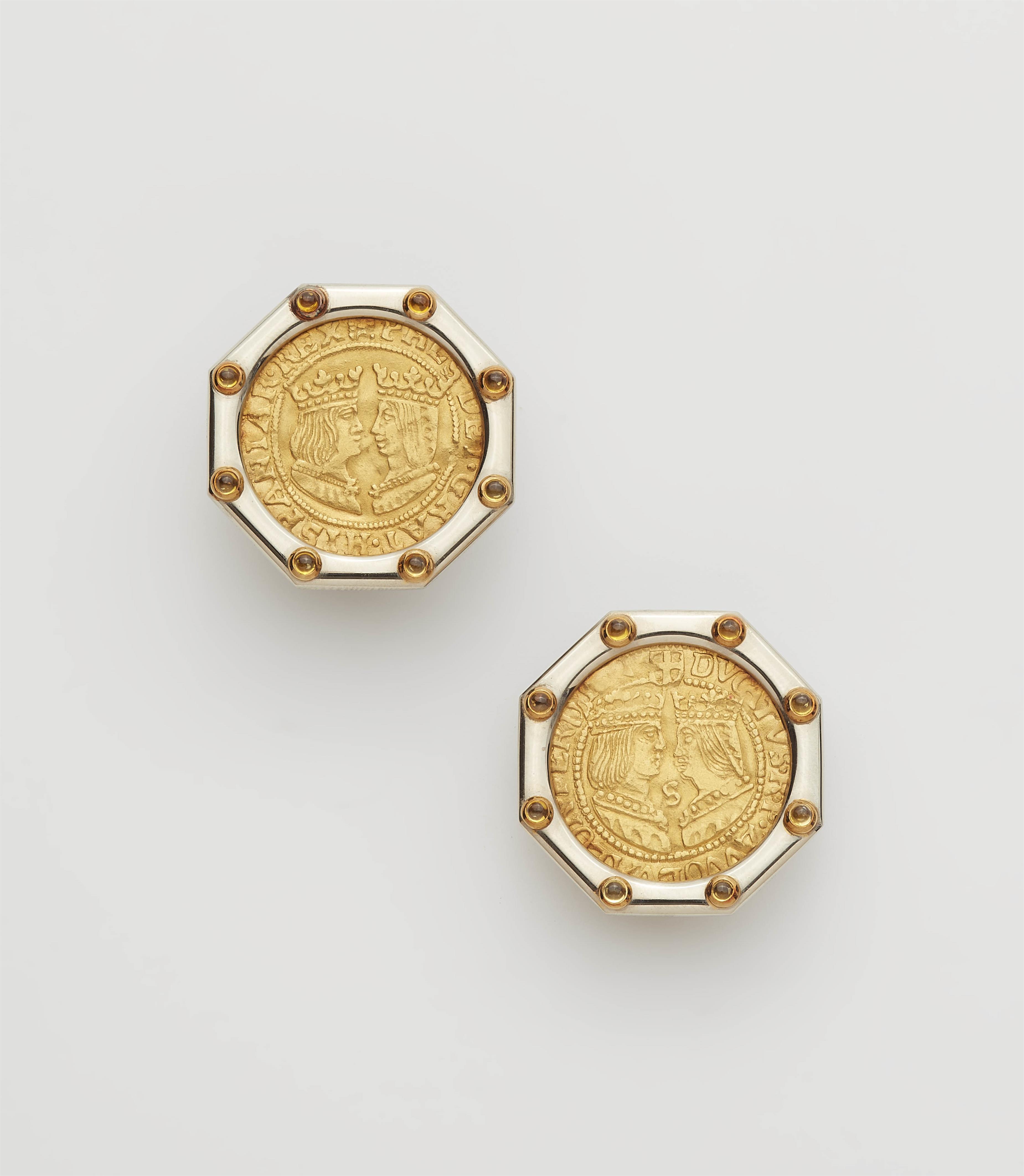 A pair of 18k white gold yellow sapphire clip earrings with historical Dutch ducat gold coins in Hispanic style. - image-1