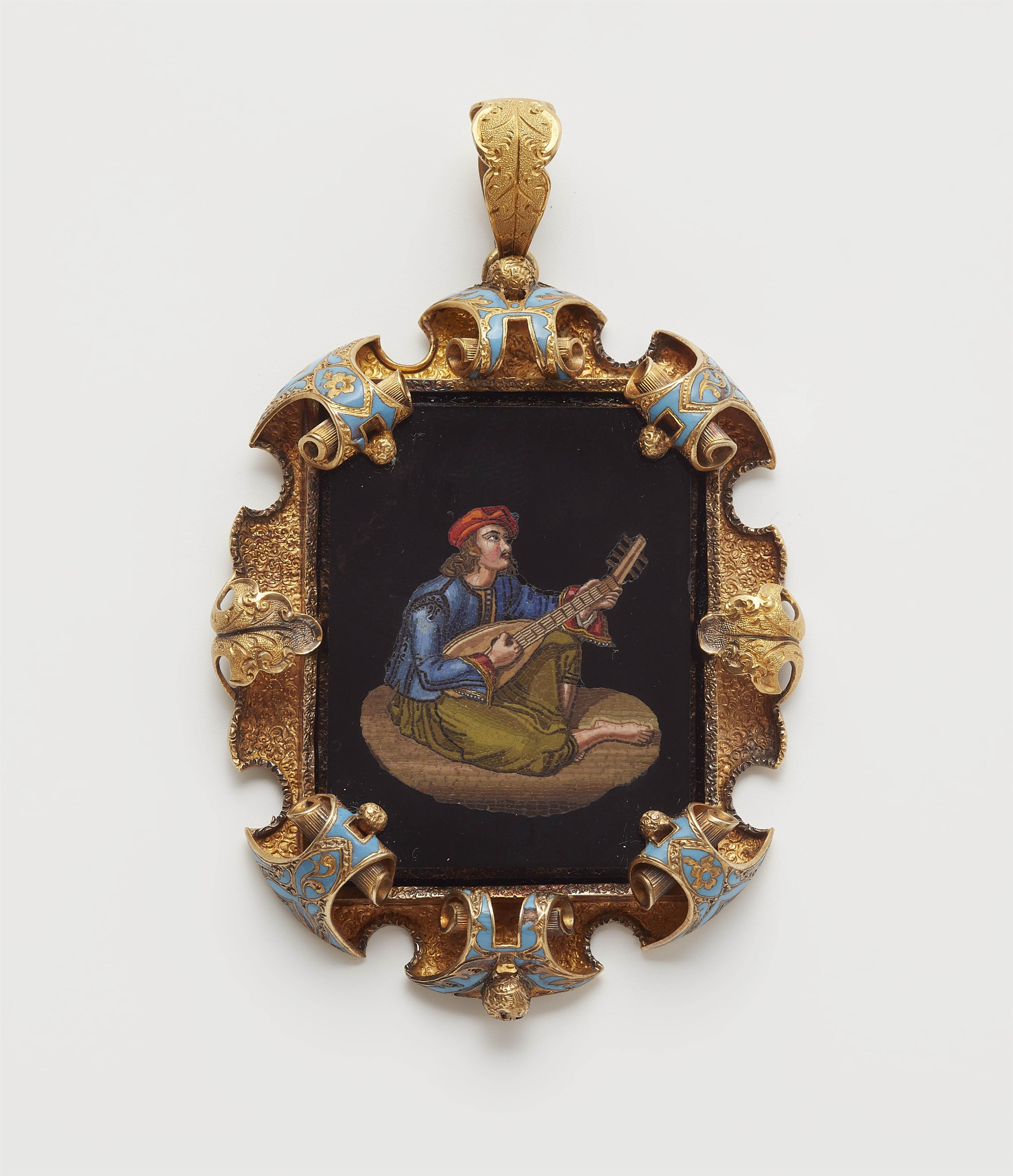 A 14k gold enamel repoussé pendant with a Roman micromosaic depicting a mandolin player in Roman costume. - image-1