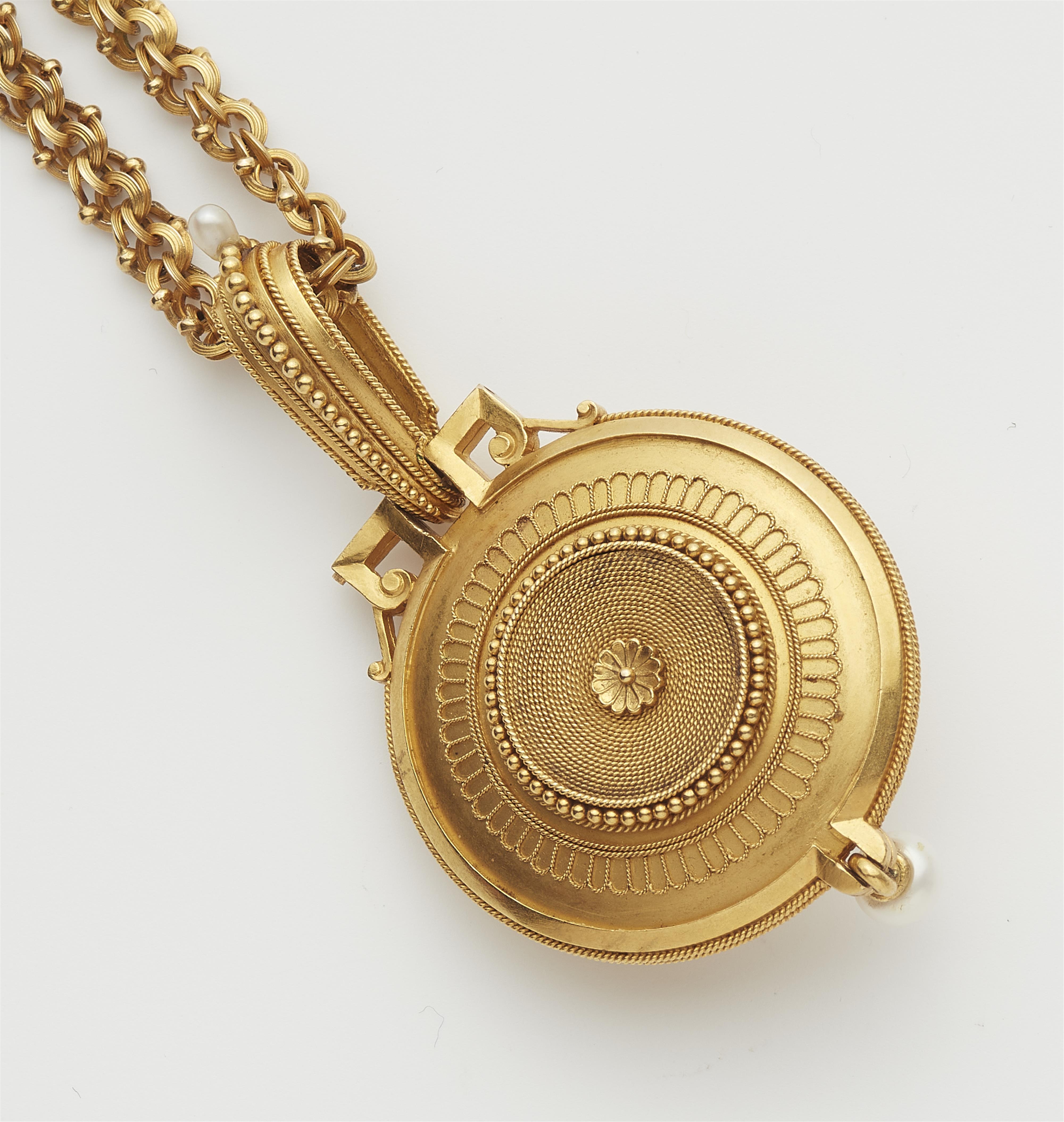 An Archeological Revival 18k gold granulation pearl and diamond locket with chain necklace. - image-3